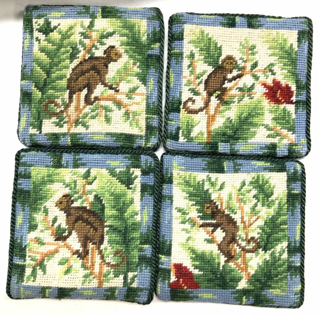 Needlepoint & Velvet Drink Monkey Coasters, 4 (1 of 6)