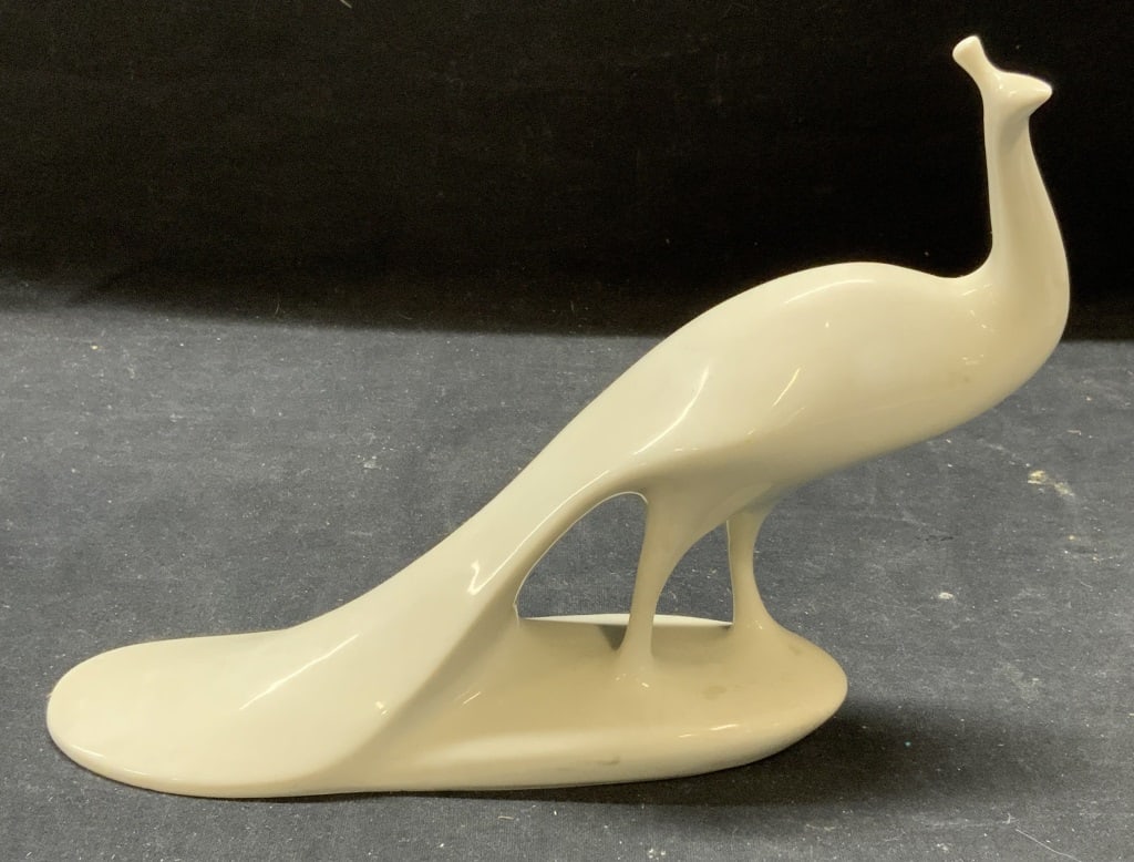 Vintage Royal Dux Porcelain Peacock Figural: Vintage Royal Dux white porcelain peacock figural. Trademarked to underside. Made in Czechoslovakia. Measures approx. 10 x 3 x 6 7/8 inches. Some surface wear consistent with exposure. Royal Dux, roya