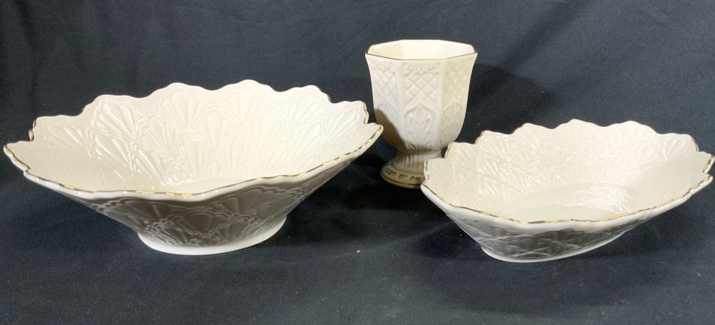 LENOX JACQUARD Dish, Bowl, & Judaica Goblet: Undersides of each piece are marked LENOX. Lot includes 1 goblet, 1 bowl, & 1 dish. Each piece is cream toned with gilt rims. Goblet has Hebrew characters near base. Bowl measures approximately 9.75 i