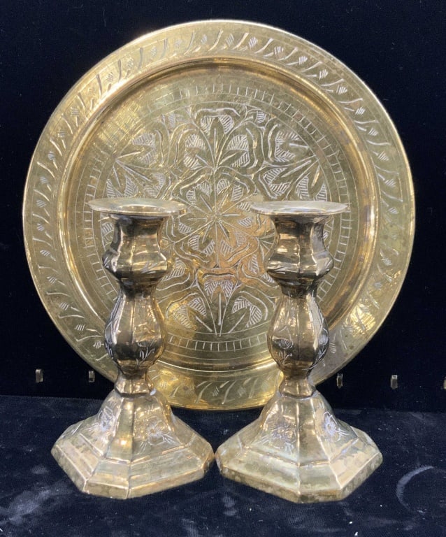 Etched Brass Candlesticks and Display Plate, 3 (1 of 7)