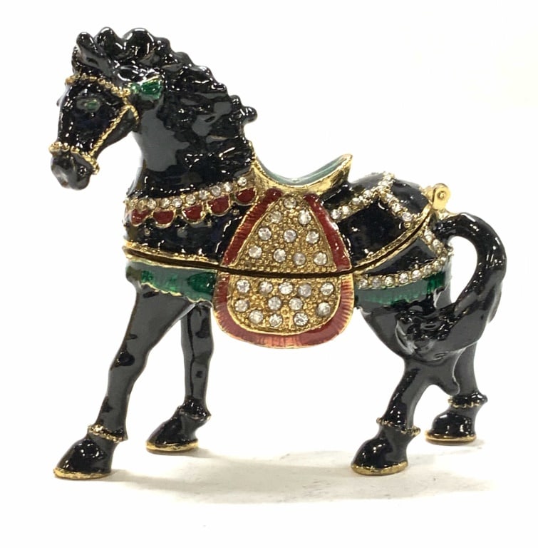 QIFU Enamel Horse Pill Box , NIB: Black enamel horse bejeweled with clear crystals and accented with green and red enamel. Hinges open to reveal a yellow enamel pocket for pills or jewelry. New in package and in yellow Qifu box. Makes