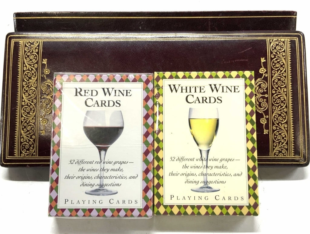 New Red and White Wine Card Decks in Leather Box: Playing Card Deck Set, 2 new packages of red wine cards and white wine cards with characteristics of grapes, how to pair wines with food, and 52 different red and white wine grape species. Comes in th