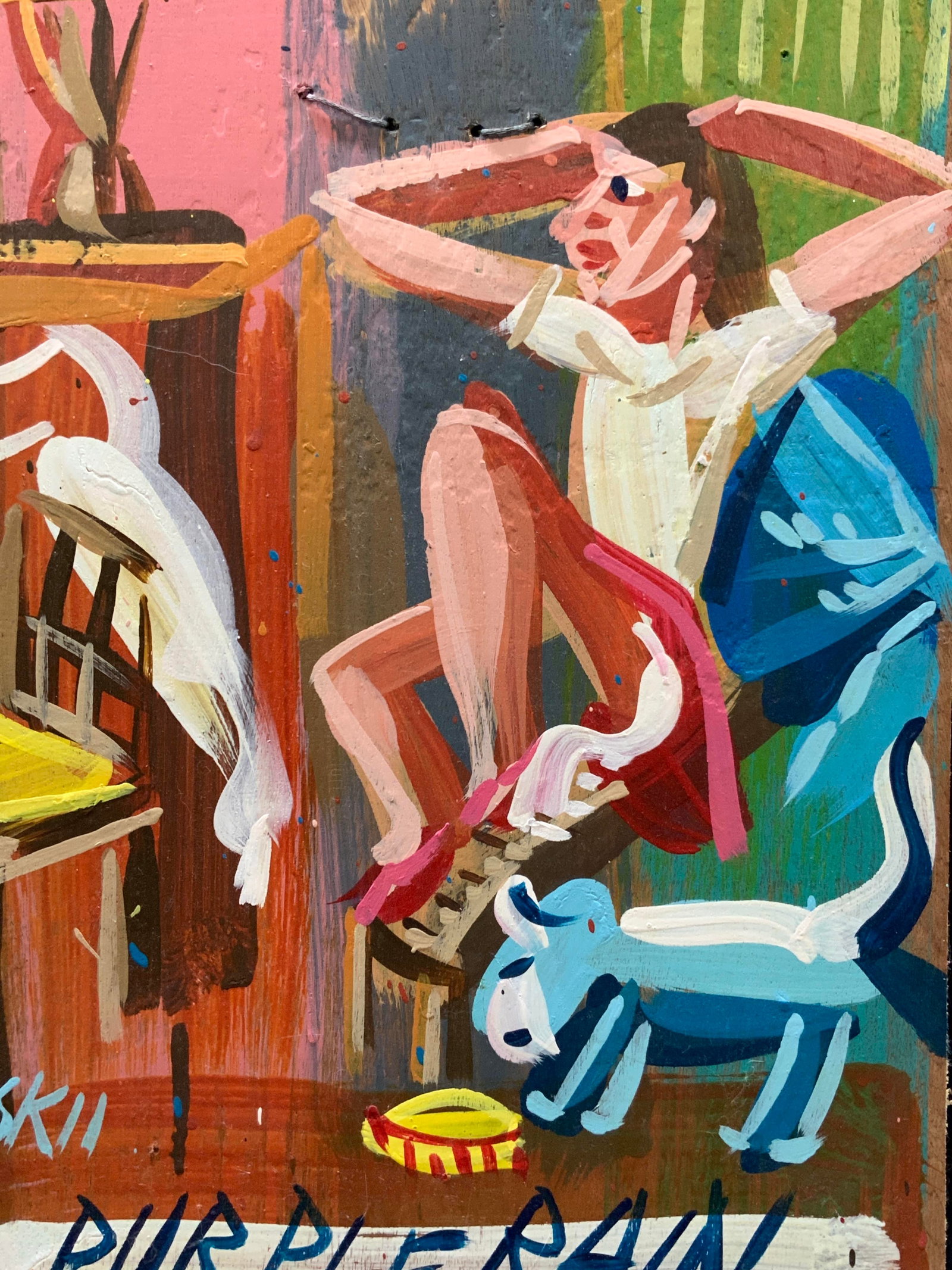 Steve Keene Sgn Abstract Acrylic Painting on Board: Appears to be artist Steve Keene, signature of SK II to lower right. Abstract acrylic painting marked Purple Rain on bottom half. Depicting a figure in a frightened pose with a blue dog next to them. 