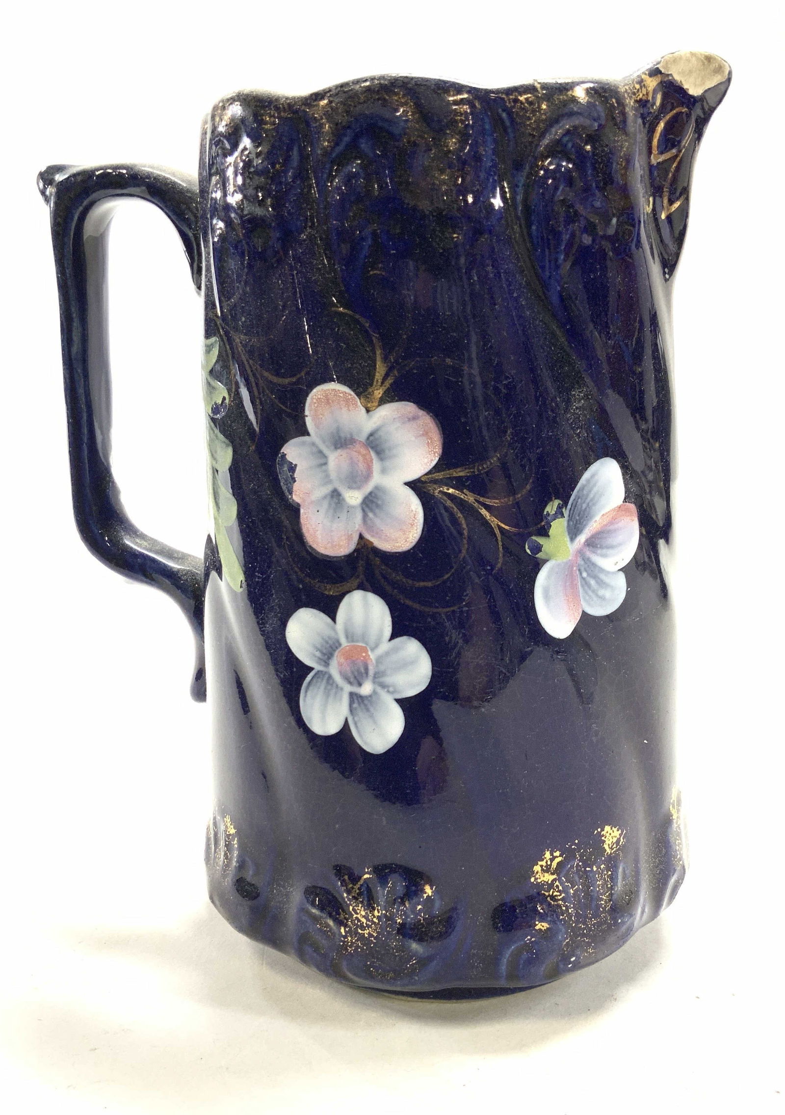 Painted Cobalt Blue Ceramic Pitcher, England (1 of 6)