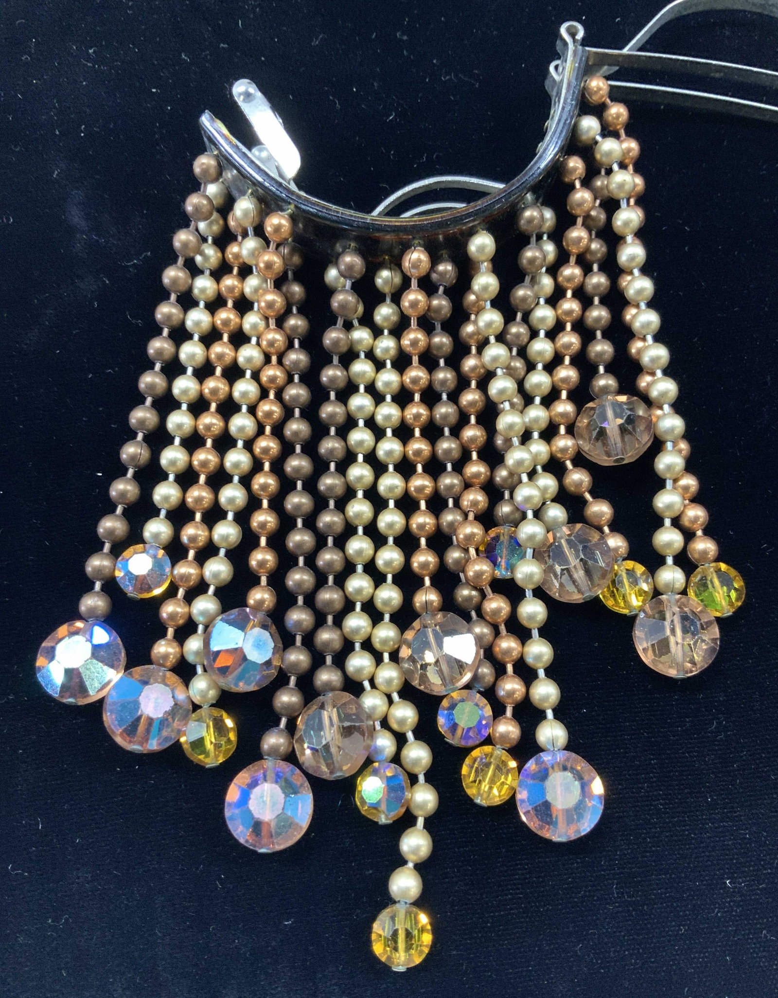 Hair Clip w Faux Pearl and Crystal Tassels, France: Ladies semi circle hand clip/ barrette / pony tail barrette with attached long pearl stands with end Aurora Borealis crystals. Costume pearls are in colors of chocolate, bronze, and champagne color. L