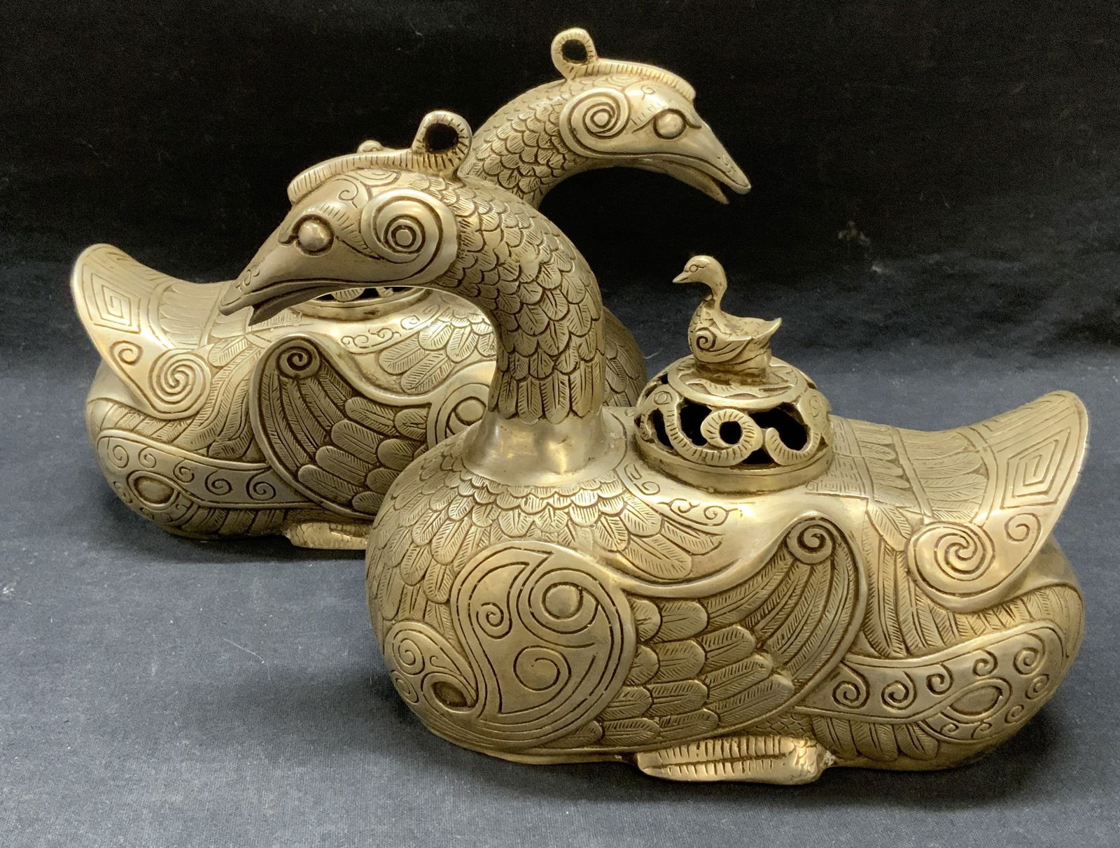 Pair Stamped Chinese Metal Duck Incense Burners (1 of 9)