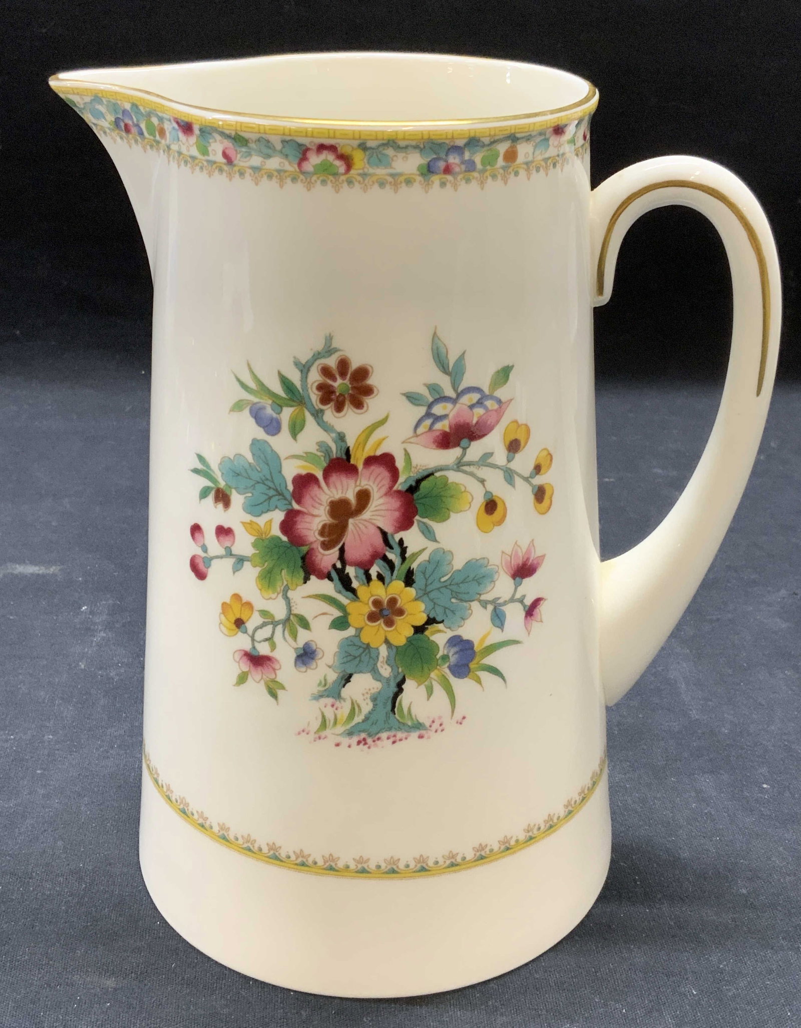 Coalport China Ming Rose Pitcher, England: Coalport bone china Ming Rose pattern pitcher. Made in England. Trademarked to underside. Measures approx. 4.75 x 7.5 inches. Hairline crack above handle. Coalport, Coalport china, Ming rose, king ros
