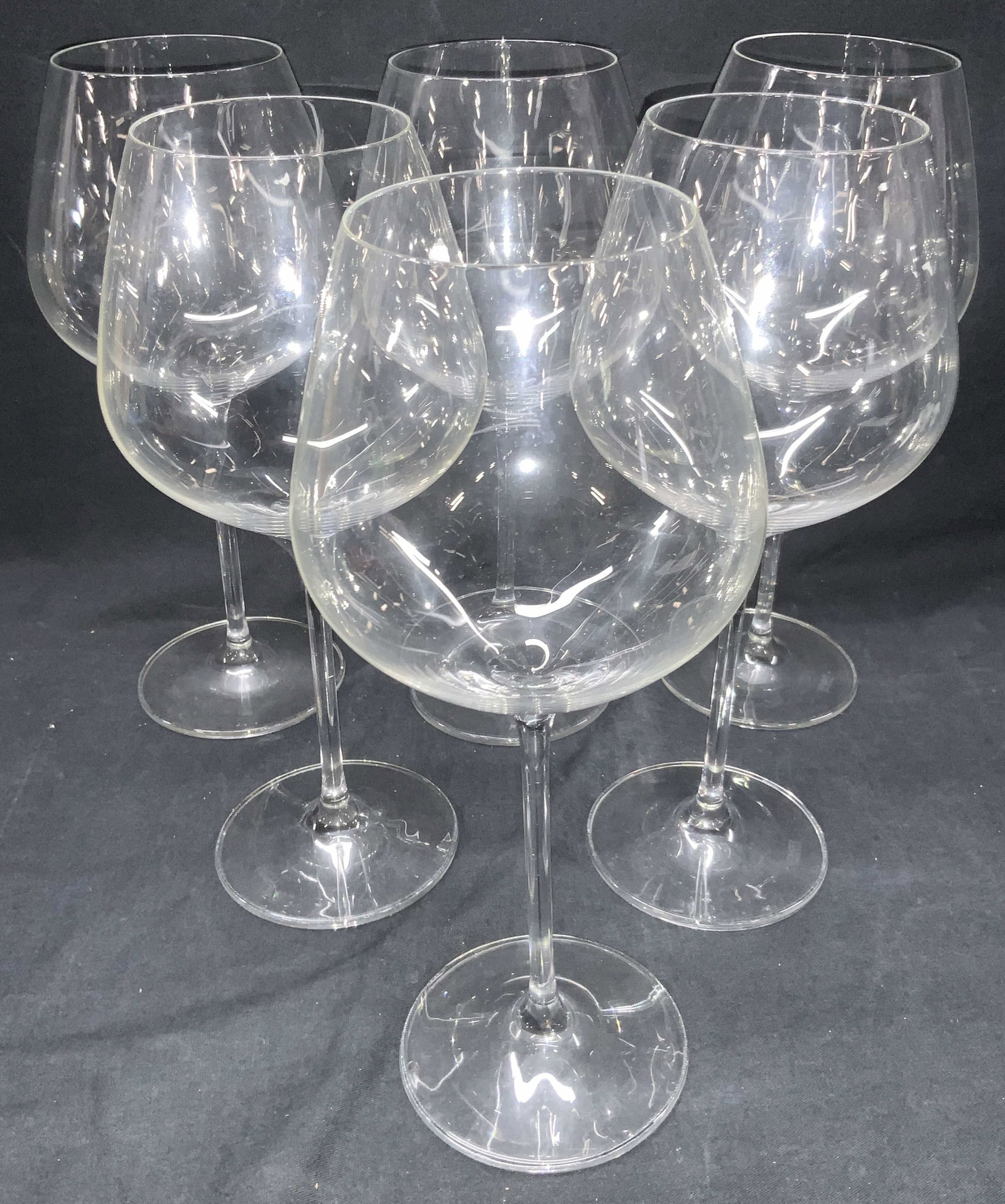 Set 6 SCHOTT Zwiesel Crystal Stemware: Set of 6 crystal wine glasses, marked SCHOTT Zwiesel on bases. Approximately 10 inches tall and 3 inch diameter. Minor surface wearing due to age and use. SCHOTT crystal ware, crystal stemware, stemwa