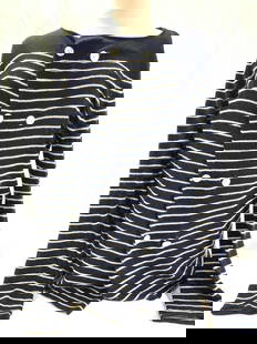 Navy Blue Striped Cashmere Sweater, Size L: Navy blue and white striped cashmere sweater, thinly knit with a nautical appeal. Size Large.. mother of pearl buttons, double breasted . Can wear as an open cardigan.,28.5 in. L. Has pilling . Vintag
