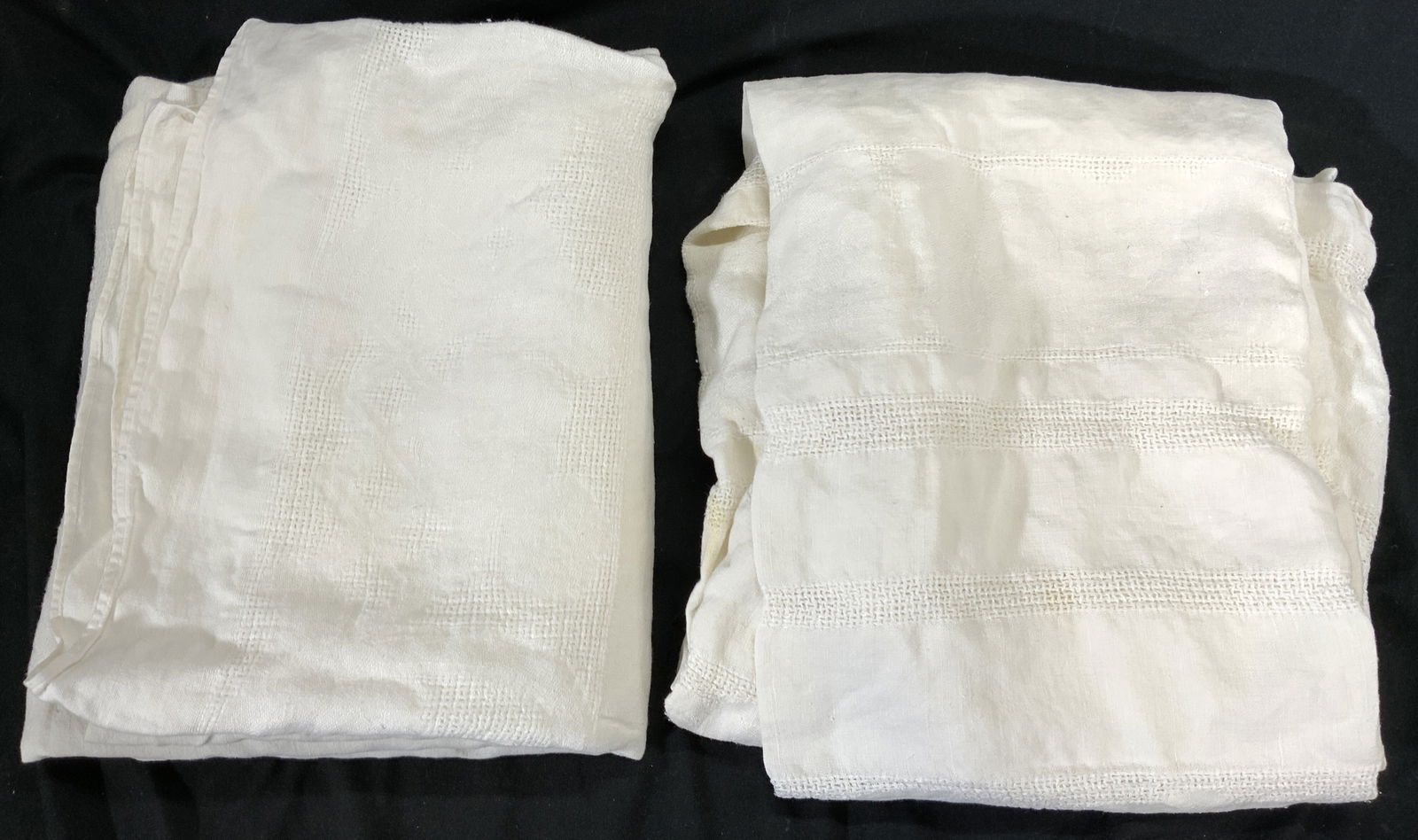 Lot 2 Vintage Cream Toned Linens: Lot includes 2 linens. Each are cream toned and vintage. Measures approx 89 inches long 55 inches wide. Linens, cream linens, table linens, vintage linens, holiday table ware, holiday table settings,