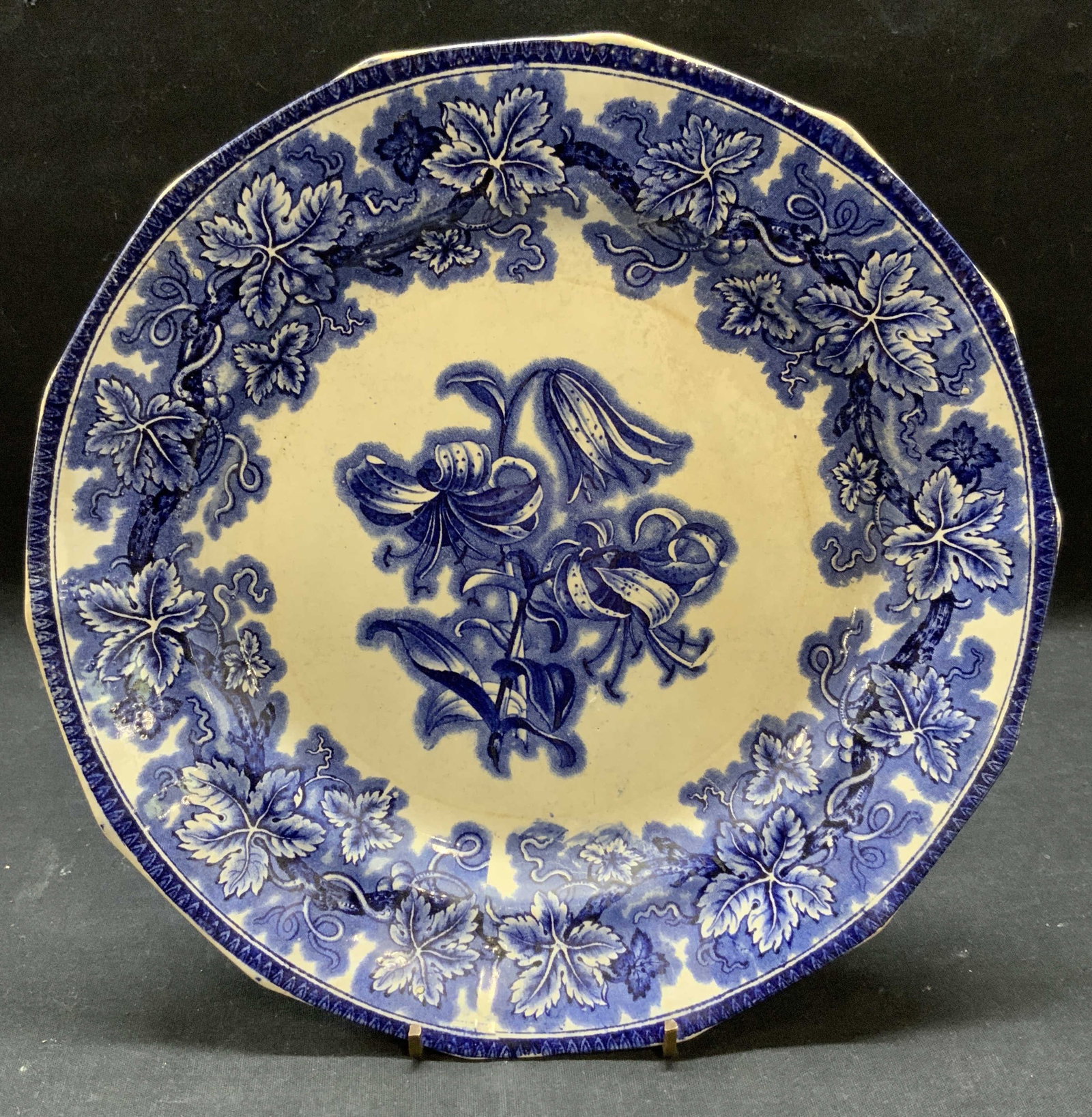 Antique George Phillips Lobelia Ironstone Plate: Antique circa 1845 George Phillips Lobelia patter; ironstone plate. Trademarked to underside. Made in England. Some surface wear consistent with exposure. Measures approx. 10.5 inches diameter. George