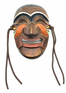 Hand Carved Wooden Korean Hahoetal Mask: Hand carved wooden Korean Hahoetal mask with tassels on sides. Approximately 6 inches tall and 4 inches wide. Moderate wearing to paint. Hands carved wooden mask, wooden mask, wall decor. Korean Hahoe