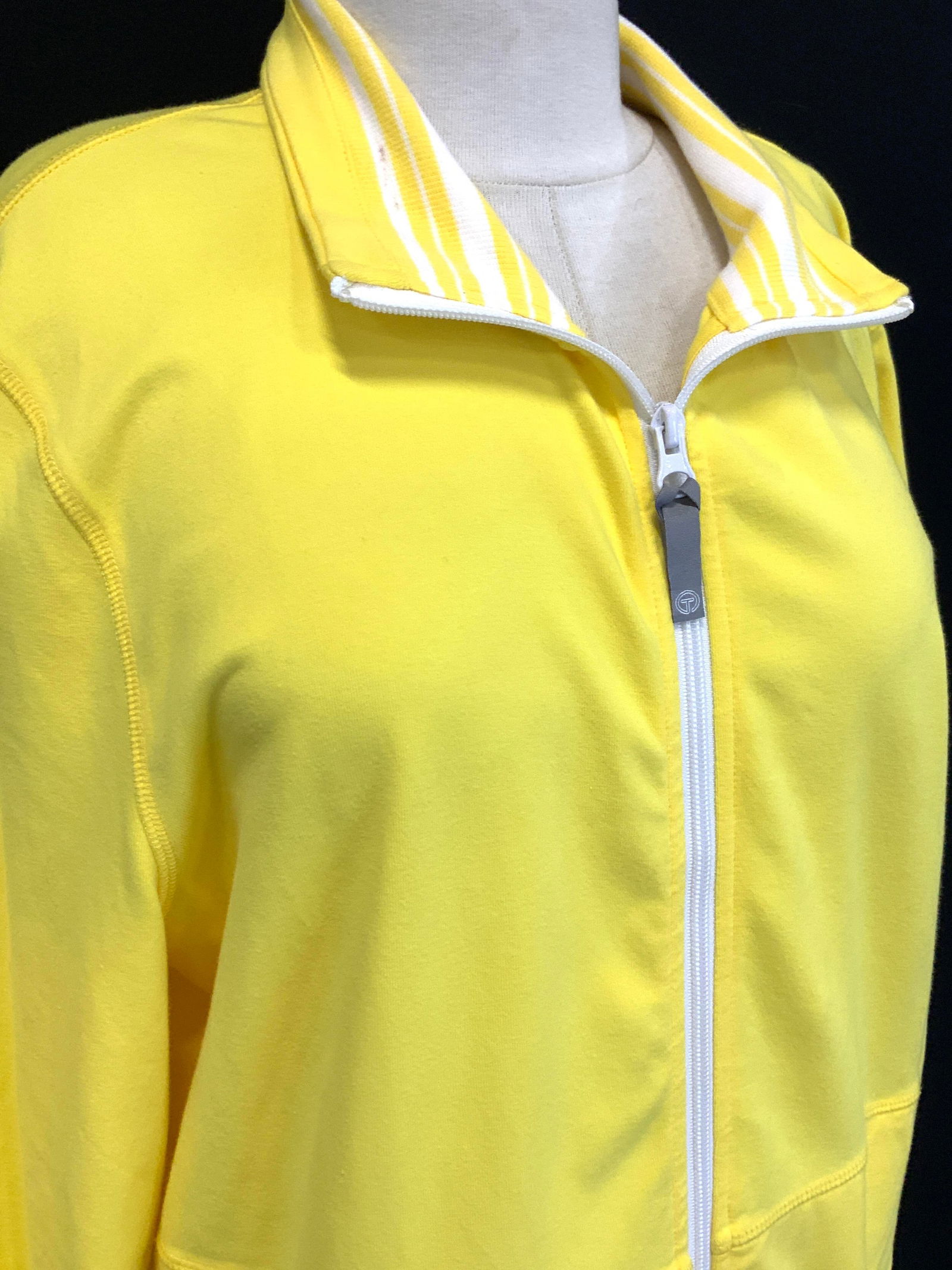 Talbots Cotton Sports Jacket, XL: Like New T by Talbots bright yellow Jersey sports jacket. Size XL.89% cotton, 11% spandex. Sports wear, Athletic jacket, T by Talbots designer Cotton jacket, leisure wear, athletic wear, ladies wearab
