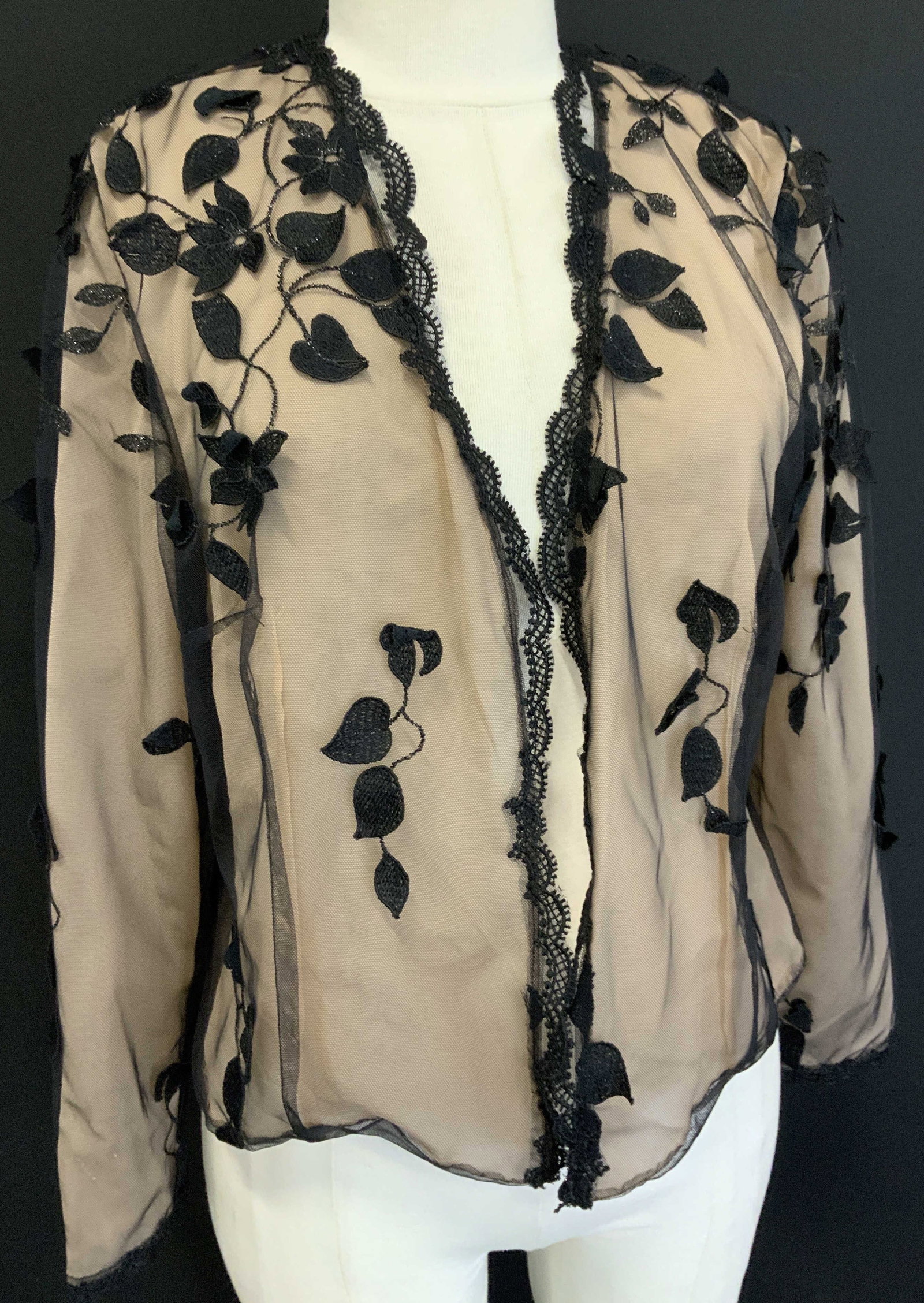 Evening wear Dressy Cardigan Over Jacket: Black mesh fabric with applique flowers and leaves over sheer skin tone fabric.Lace shawl collar trim.size small Ladies wearables, Clothing accessories , vending wear cardigan, dressy Over jacket nude