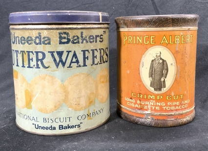 Lot 2 Vntg Trademarked Biscuit & Tobacco Tin Boxes: Lot includes 1 SUNSHINE BISCUITS Tin box with lid & 1 PRINCE ALVERT CRIMP CUT Tobacco Tin box itch lid. Each box has cylindrical shape. Largest box in lot measures approx 6.5 inches tall 6 inches diam