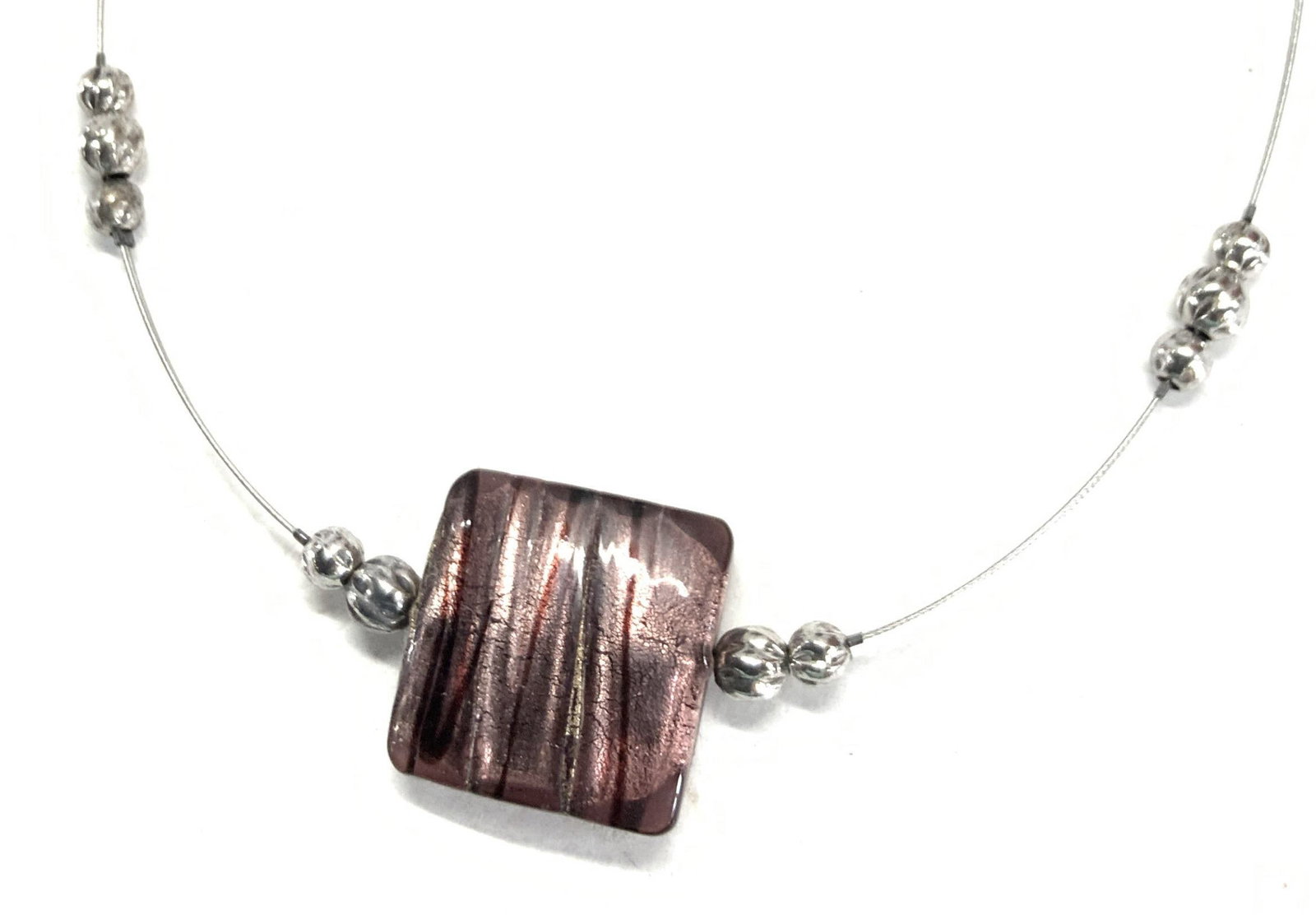 Art Glass Wire Necklace: Iridescent Art glass stationary pendant on wire necklace. Necklace drop is 6.5 in. L Glass measures 1 x 1 in. Jewelry, art glass necklace, fashion jewelry, costume jewelry, vintage jewelry, estate jew