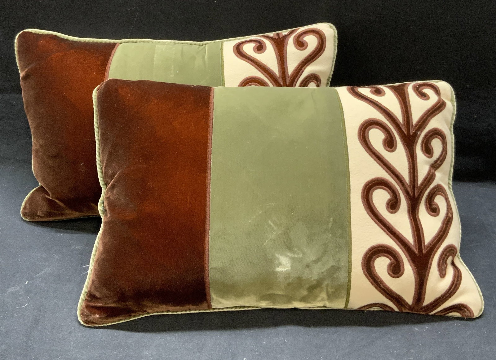 Pair Victoria Bain Velvet Pillows, England: Pair of Victoria Bain velvet and wool pillow. Made in England. Some wear to material consistent with exposure. Measure approx. 16.5 x 10 inches each. Victoria Bain, victoria Bain pillow, velvet pillow