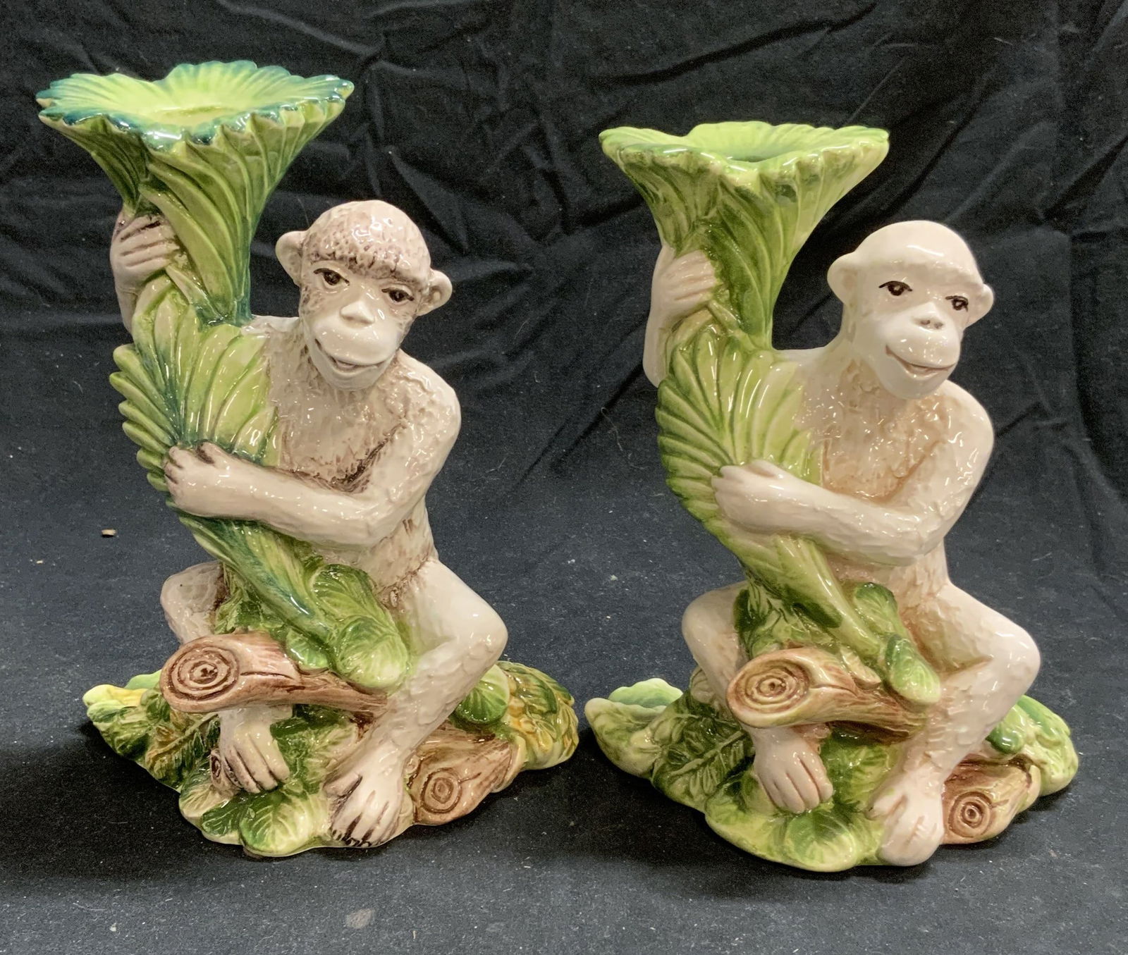 Pair Ceramic Monkey Majolica Candlesticks, Italy (1 of 9)