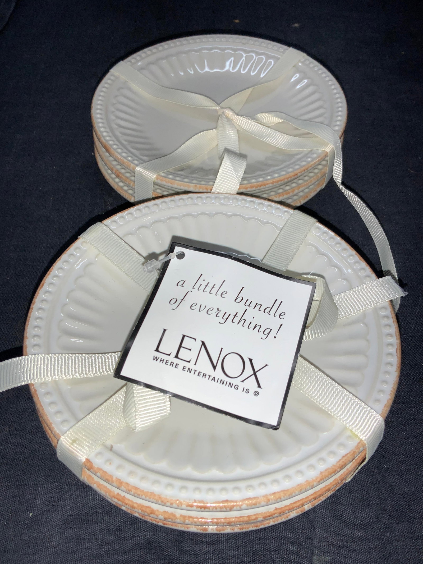 Set 2 Lenox 3 Dish Bundles NWT: Set of 2 bundles of 3 dishes. Marked Lenox. American by design, French Perle Groove. Approximately 5 inch diameter. Both bundles tied with cream toned ribbon. No evident issues. Lenox dishware, Lenox 