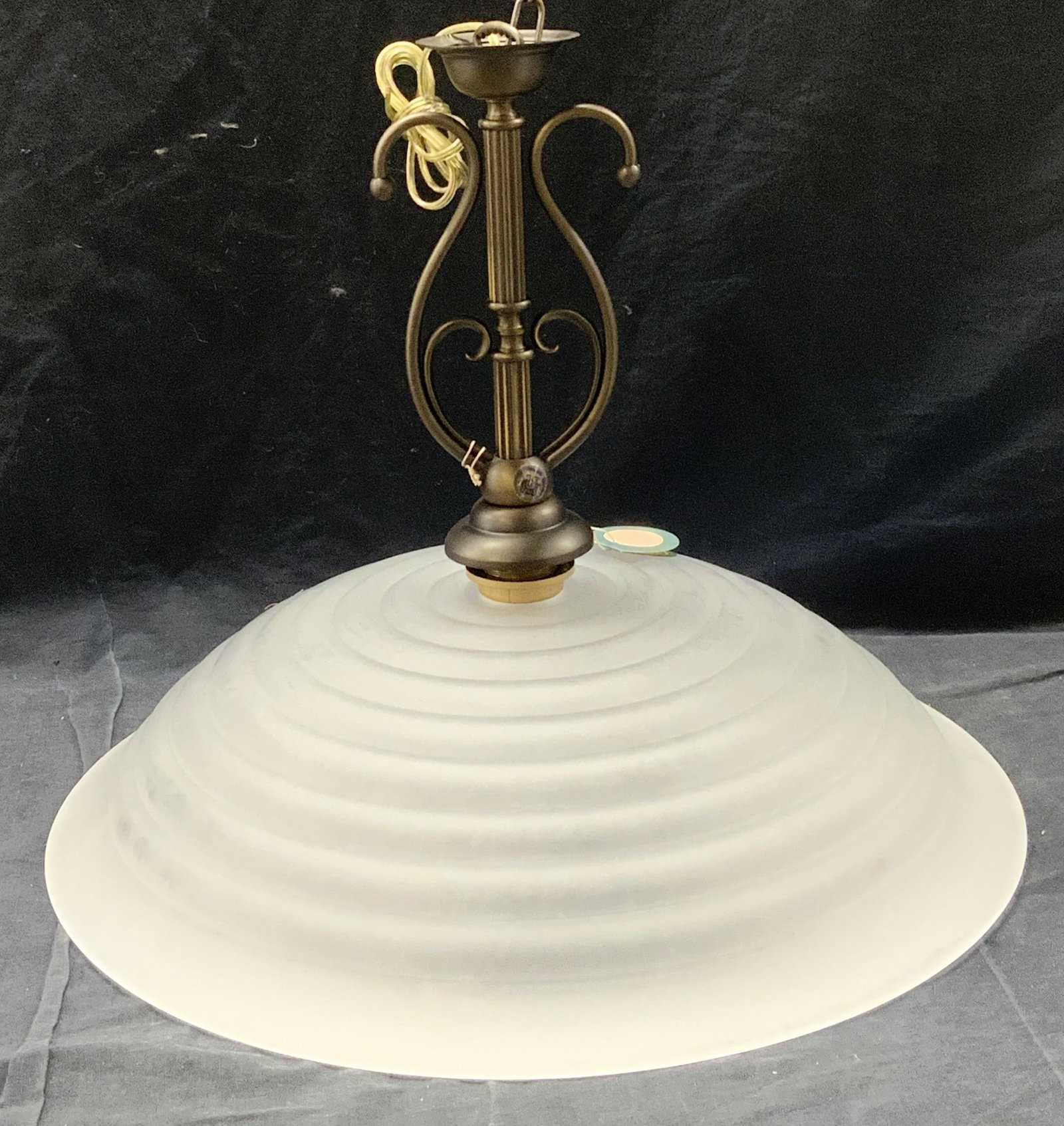 ULMA Frosted Glass Shade Ceiling Lamp: Ceiling lamp has sticker & tag which reads ULMA. Piece measures approx 44 inches tall 20 inches wide. Home lighing, Light fixture, home decor, home goods. 6