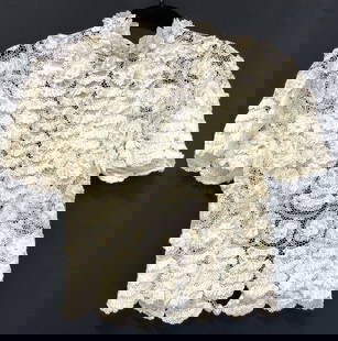 Antique Hand Crafted Lace Blouse: Antique, possibly vintage hand crafted lace blouse ruffled patterns and button up backing, Chest measures 16 inches wide and 10 inches long from inseam in arm. Evident discoloration due to age and use