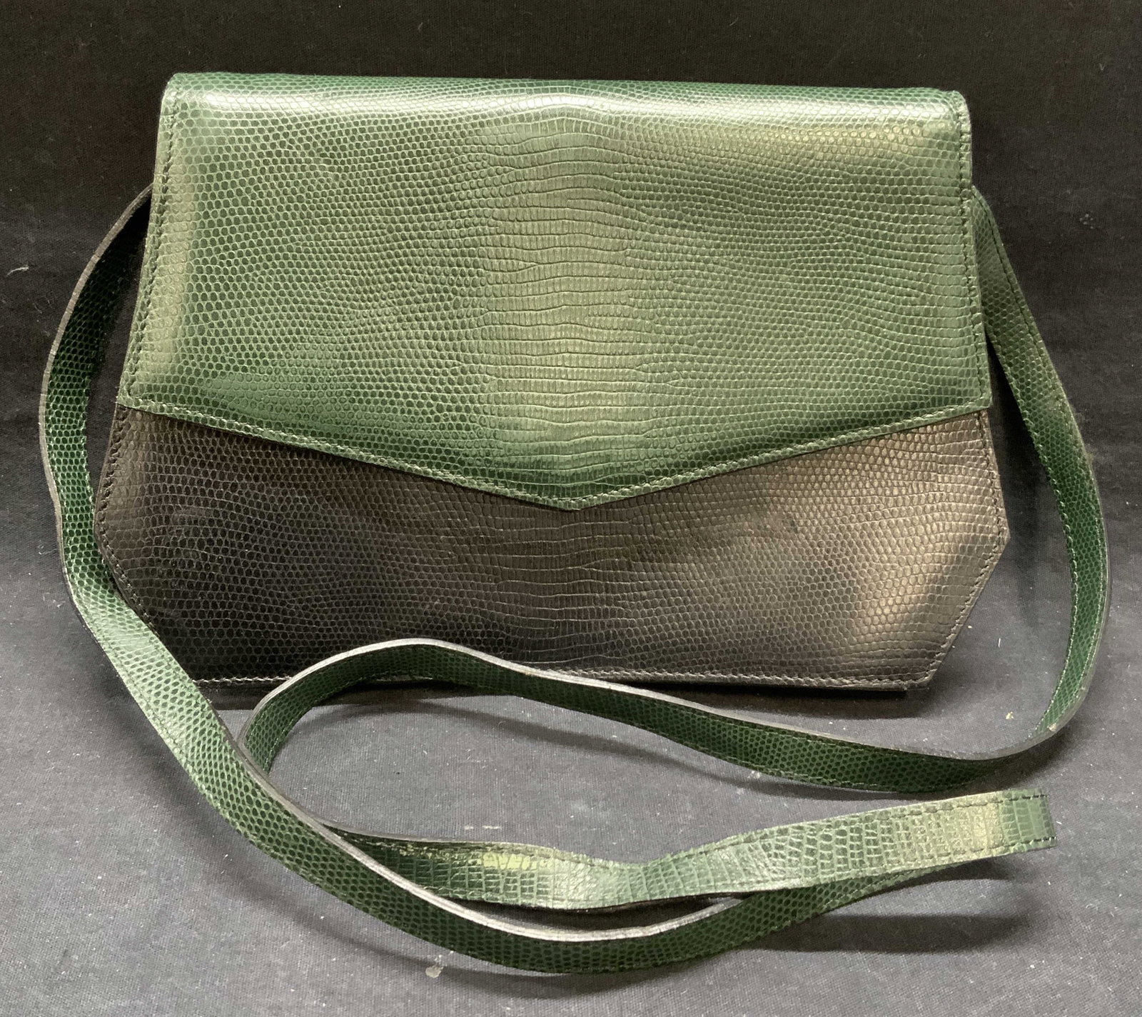 Vintage Guy Aladane Paris Leather Handbag: Vintage Guy Aladane reptile leather handbag in green and black. Designer label to interior leather. Made in France. Wear to exterior and interior consistent with exposure. Measures approx. 9.25 x 2.25