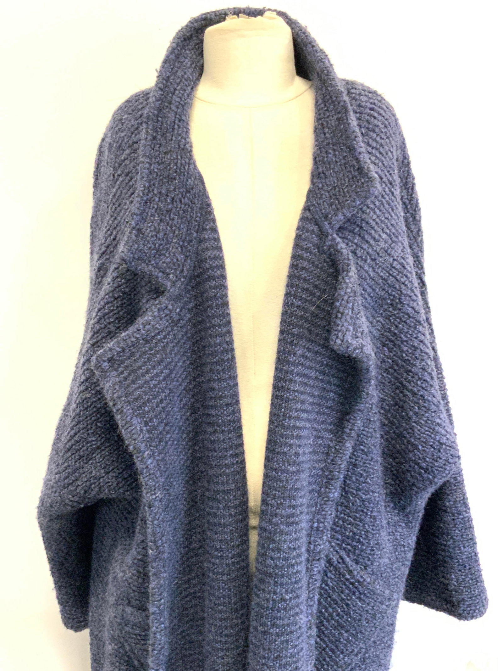 Heteroclite Oversized Large Woven Jacket: Marked on tag Heteroclite Size Large, woven multi synthetic material cardigan/ jacket. 50% Polyester, 19% Alpaga 16% Acrylic 15% Mohair. Blue and black interwoven threading. Approximately 33 inches wi