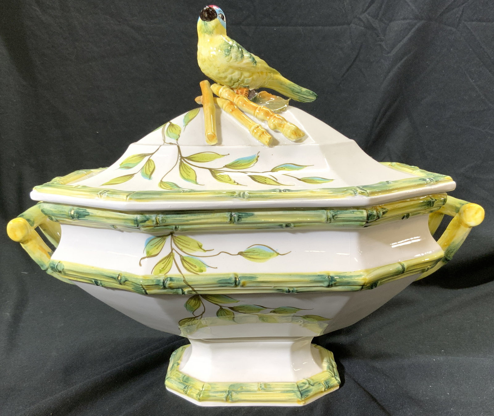 CHELSEA HOUSE Porcelain Serving Bowl, Lid w Bird: Underside is marked CHELSEA HOUSE MADE IN ITALY. Serving bowl is porcelain. Piece is footed & includes lid with bird detail on top. Serving dish has green & yellow bamboo style handles on each side. P