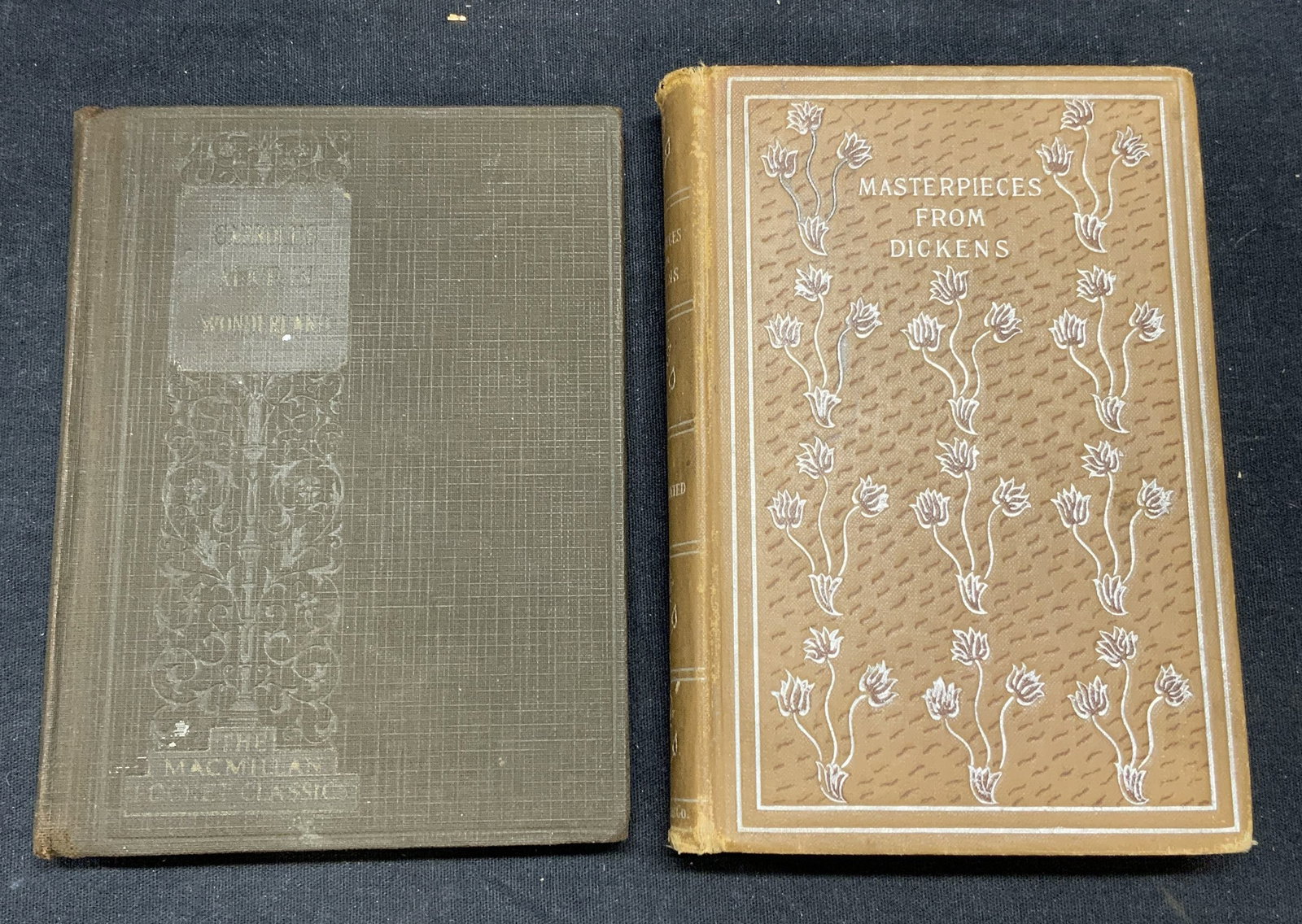 2 Alice in Wonderland & Charles Dickens Books: Alices Adventures in Wonderland by Lewis Carroll. Published by The Macmillan Company, 1931. Inscribed to interior cover and flyleaf. Masterpieces of Charles Dickens, published by The Rodgers Company c