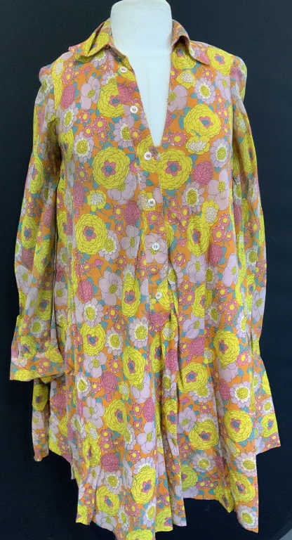 Handmade 60s Flower Cotton Babydoll Dress: Hand made baby doll dress , linen cotton and cotton lining. Mid century flower fabric with flowers, Slightly plissé shoulder hems, narrow sleeves, 33 in long, chest 15 in. across, waist/ hips 50 in.
