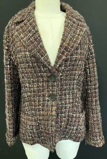 ESCADA Edition Schurwolle & Cotton Blazer, Italy: ESCADA eggplant new wool and cotton blazer 75%/ 25% . Added plaid design with yarn colors of pink, mint green, purple, and white. Blazer measures 34 in. Waist, 23.5 in. L, 34 in bust. Vintage wear, es