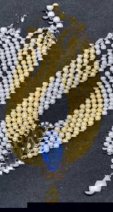 Schiaparelli Faux Pearl & Crystal Choker Necklace: Vintage Schiaparelli faux pearl multi strand necklace with blue toned crystal decoration and faux pearl pendant. Signed to underside. Some surface wear consistent with exposure. Measures approx. 14 in