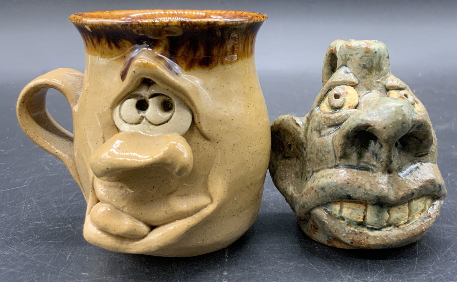 Lot 2 Folk Art Face Vessel Pottery, FLOWERS &more (1 of 8)