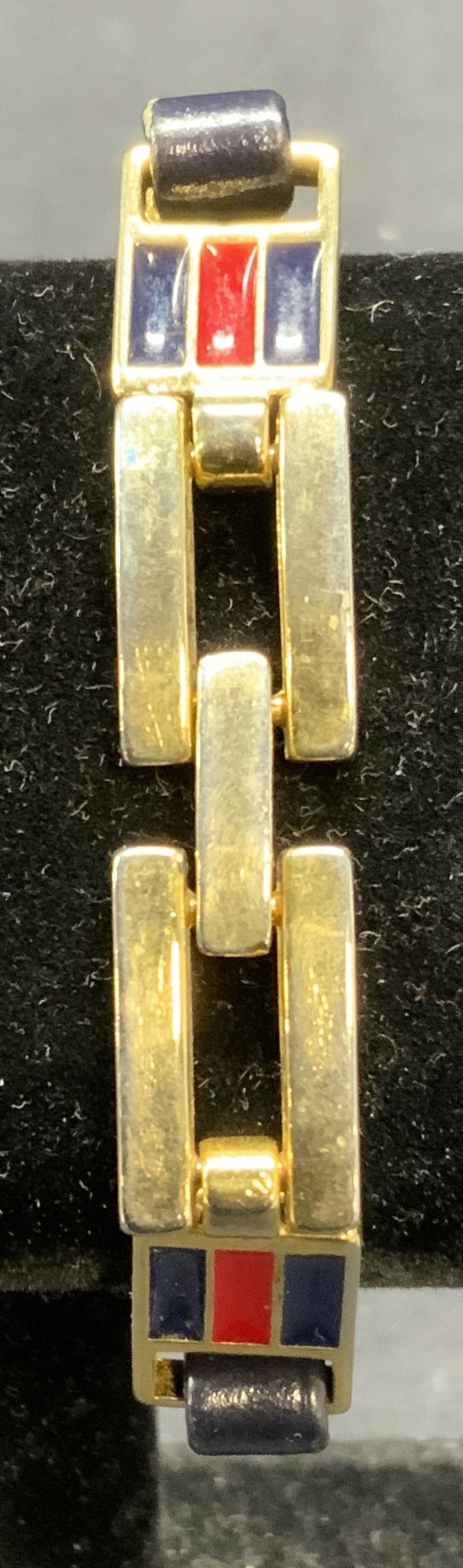 Leather & Gold Tone Enameled Bracelet: Leather bracelet with gold tone chain and enameled decoration. Some surface wear including scratching observed. Measures approx. 6.25 inches long. Estate jewelry, costume jewelry, fashion jewelry, coc