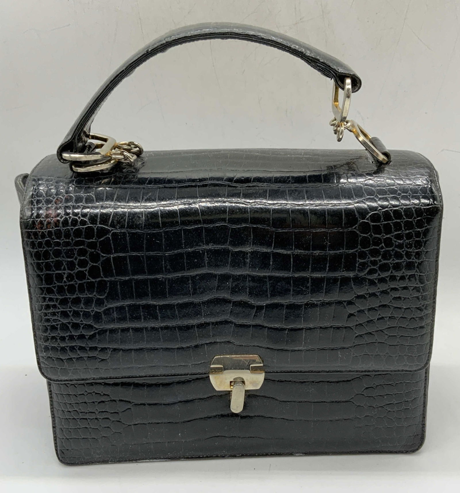 Vintage Black Leather Croc Embossed Handbag (1 of 6)