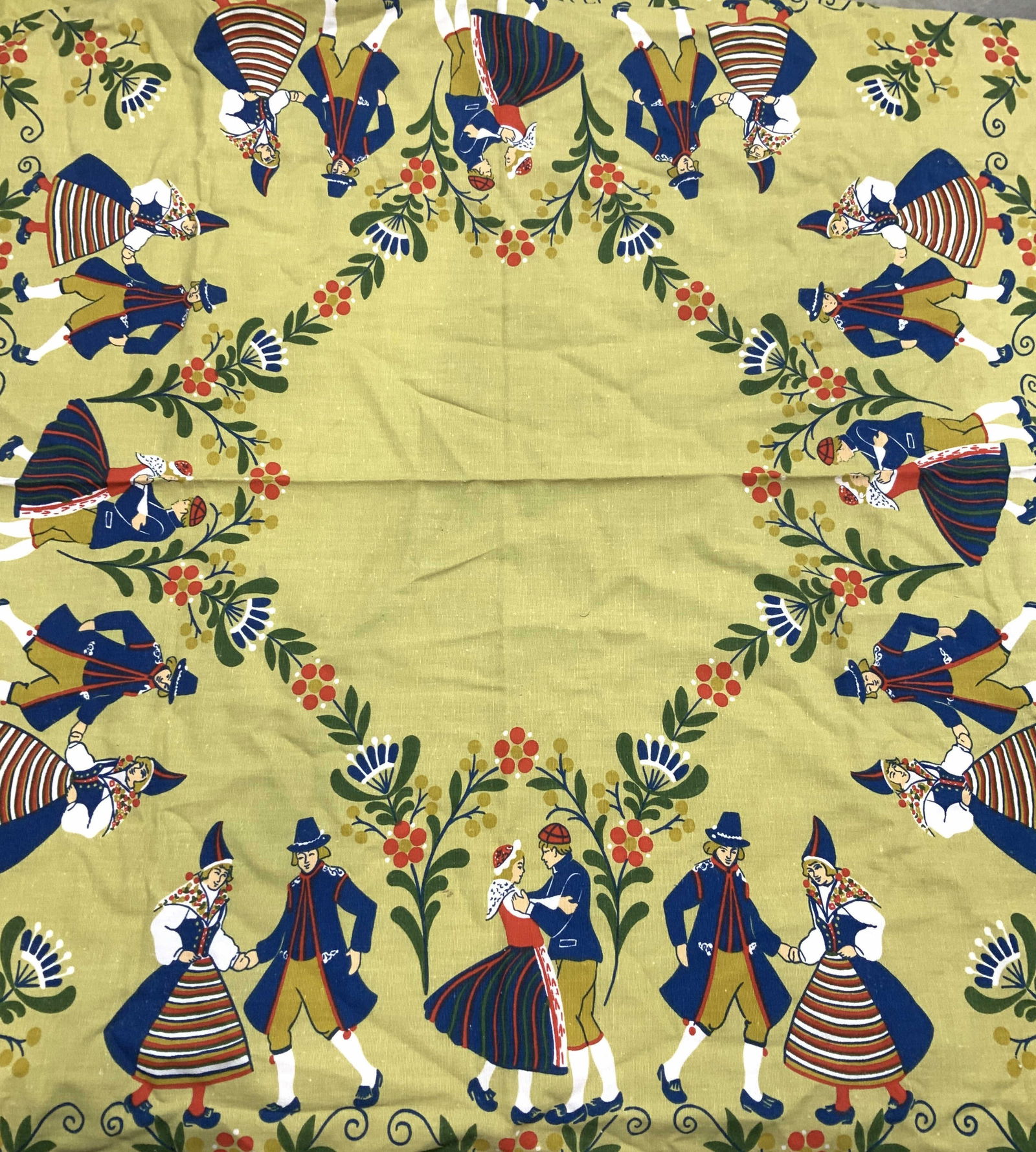 Inger A Linen Vintage Square Dutch Tablecloth: 33 x 36 in. vintage linen Dutch motif Tablecloth with dancing Dutch couples and flowers. Dutch Tablecloth, vintage Linen Tablecloth, marked Inger A Dutch Motif Tablecloth, vintage table linens, Home l