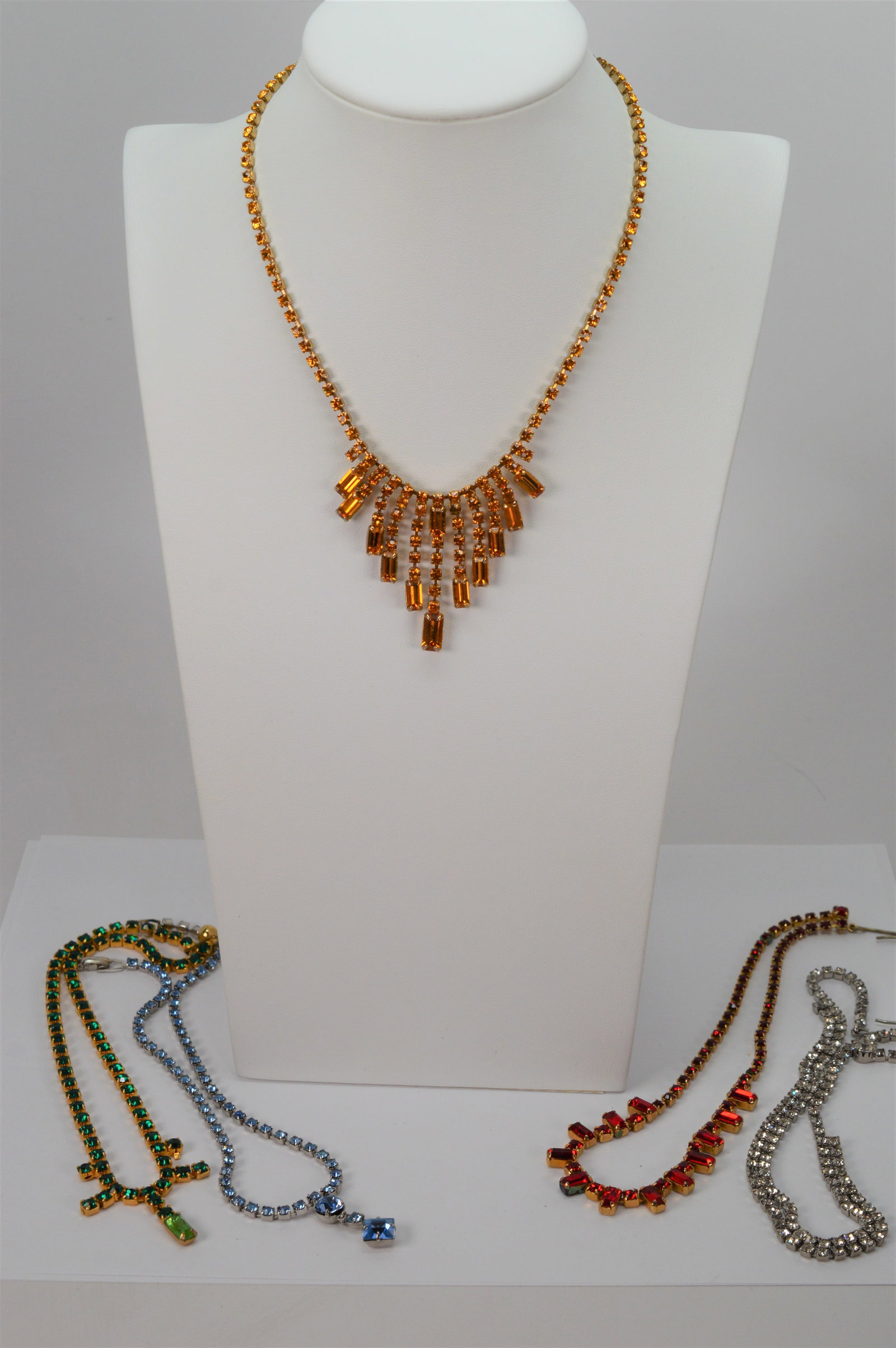 Colorful Rhinestone Necklaces - Lot of 5: Colorful assortment of rhinestone 16in choker style necklaces in green, ruby, blue, clear & citrine colors. BS3 NB