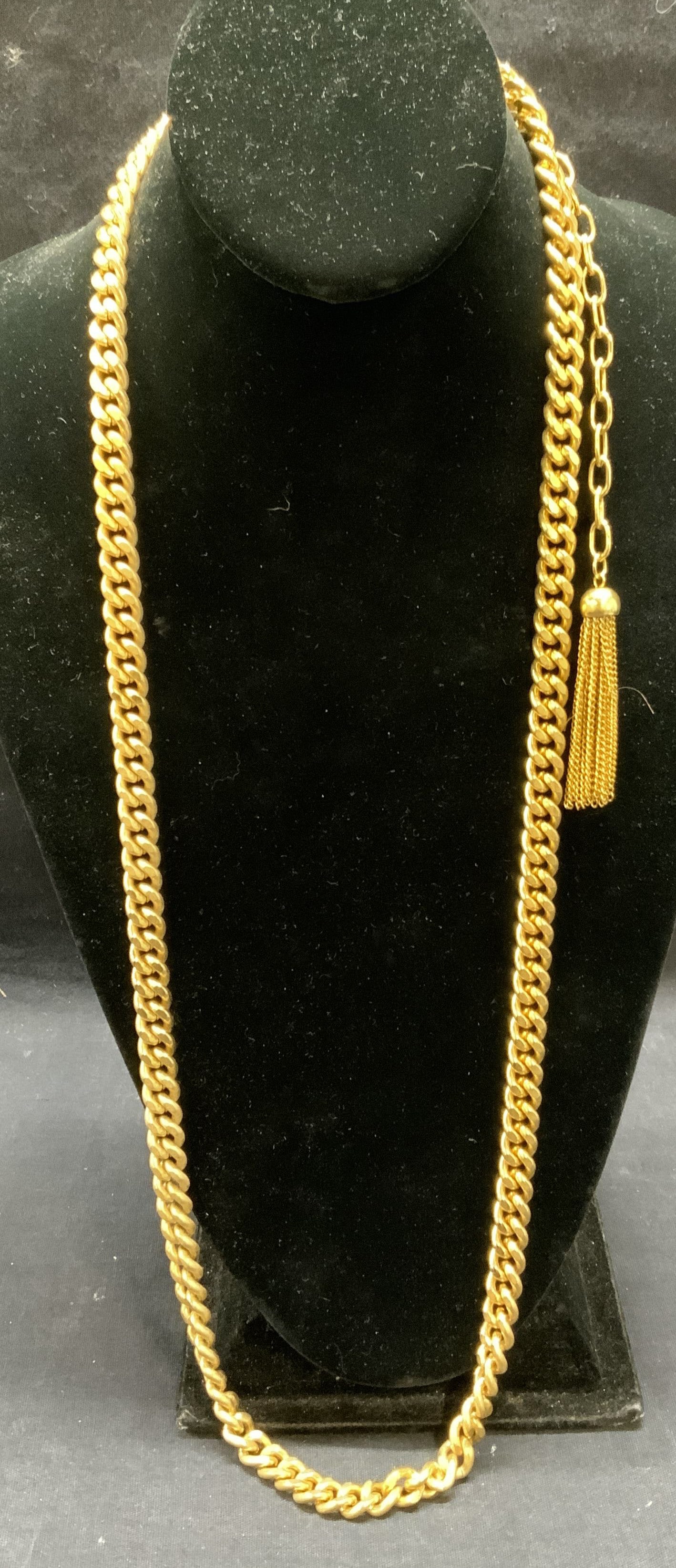 Gold Tone Chain Necklace, Jewelry: Gold tone chain necklace and gold tone chain with tassel. Necklace drop length approx. 17 inches. Some surface wear including scratching observed. Chain has weight. Estate jewelry, costume jewelry, co
