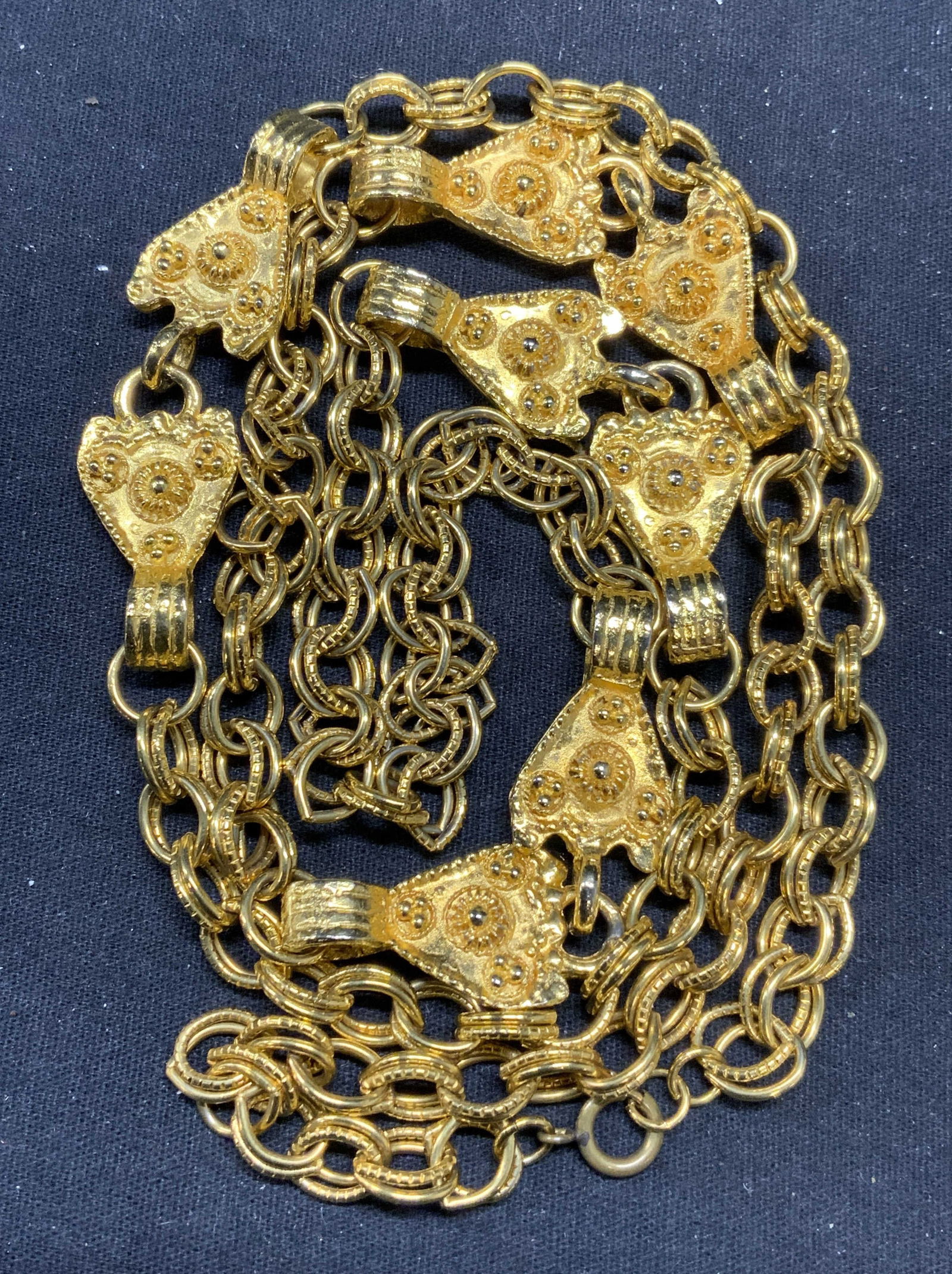 Gold Tone Chain Necklace, Jewelry: Gold tone chain necklace with pendants. Chain has weight. Some surface wear including scratching observed. Drop length approx. 19 inches. Estate jewelry, costume jewelry, cocktail jewelry, fashion jew