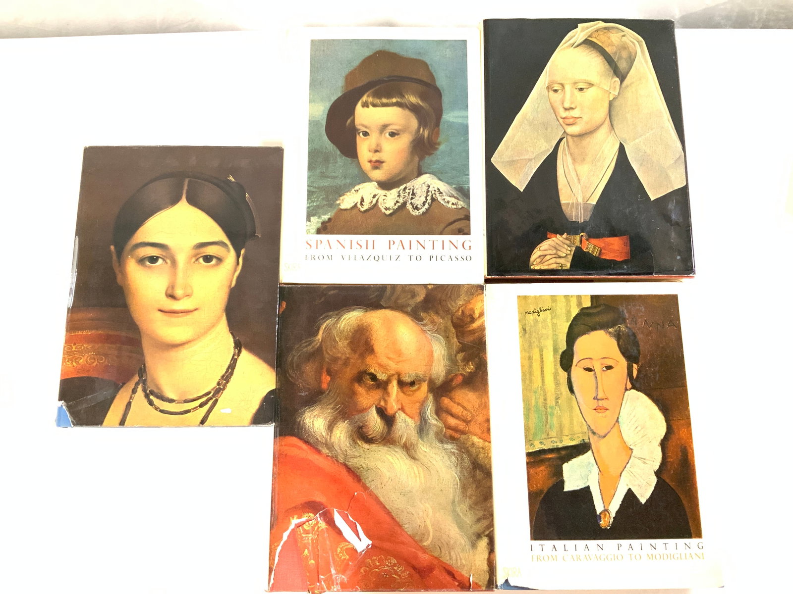 Grp10 Renaissance European Art Books, Skira 1950s: Hard cover books with paper book jackets. 10 books all the same size 10 x 13.75 x 1.25 in. Series with sub headings mostly by countries in Europe. Collections planned by Albert Skira Publishing. c. 19