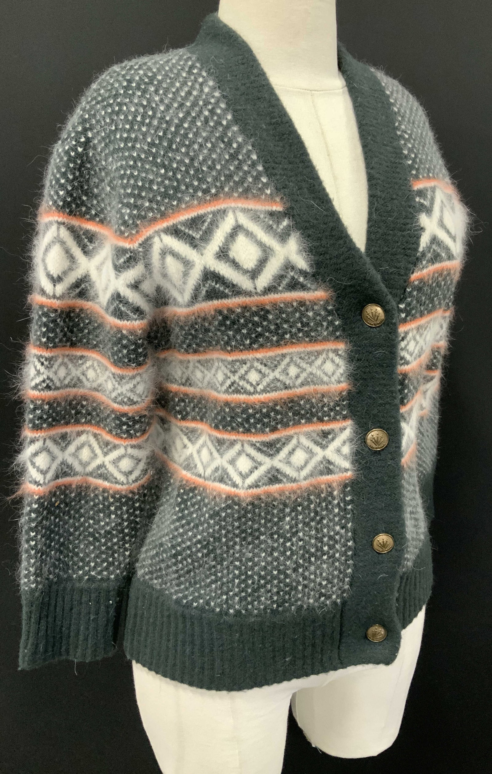 Rag & bone Wool & Angora Cardigan Sweater: Labeled rag & bone button cardigan sweater. Thick and warm ..41% wool, 21% angora,,polyamide and elastane. Size large. Dark grey with touch of Coral and white with Diamond pattern accented design. Lik