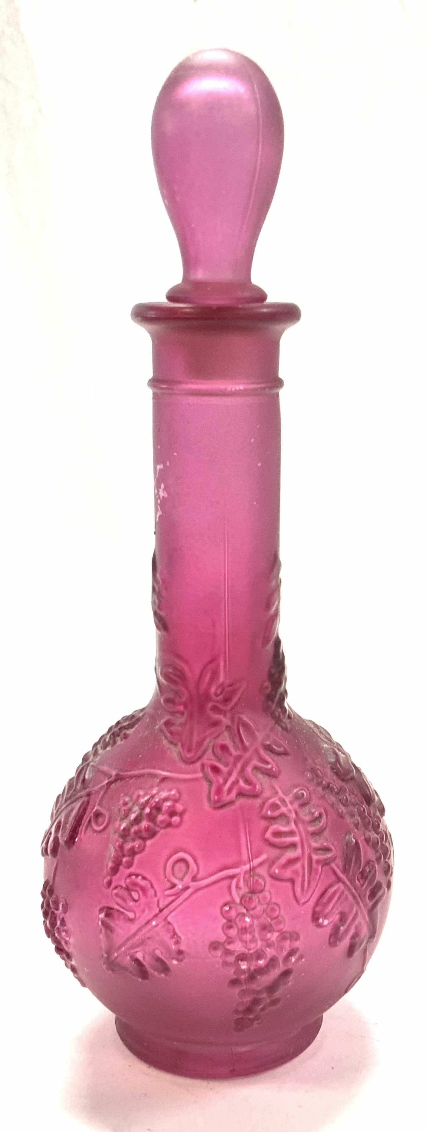 Embossed Grape/Leaf Frosted Cranberry Glass Bottle (1 of 6)