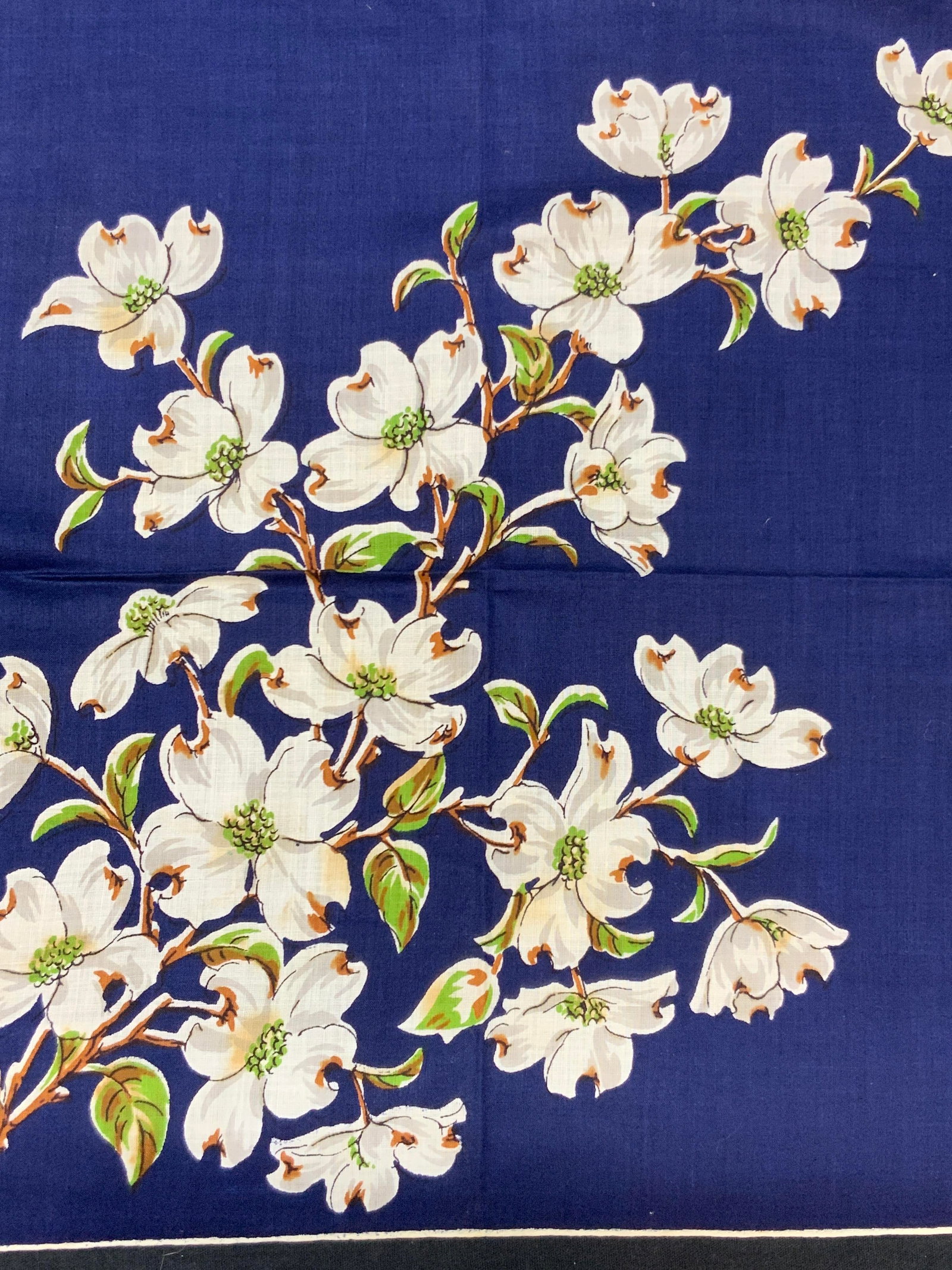 Burmel Style Silk Floral Handkerchief: Silk handkerchief in the style of Burmel. Possibly silk. White edges with blue center and white blooming flowers on a branch, approximately 14 x 14 inches. Moderate wearing to edges and discoloration 