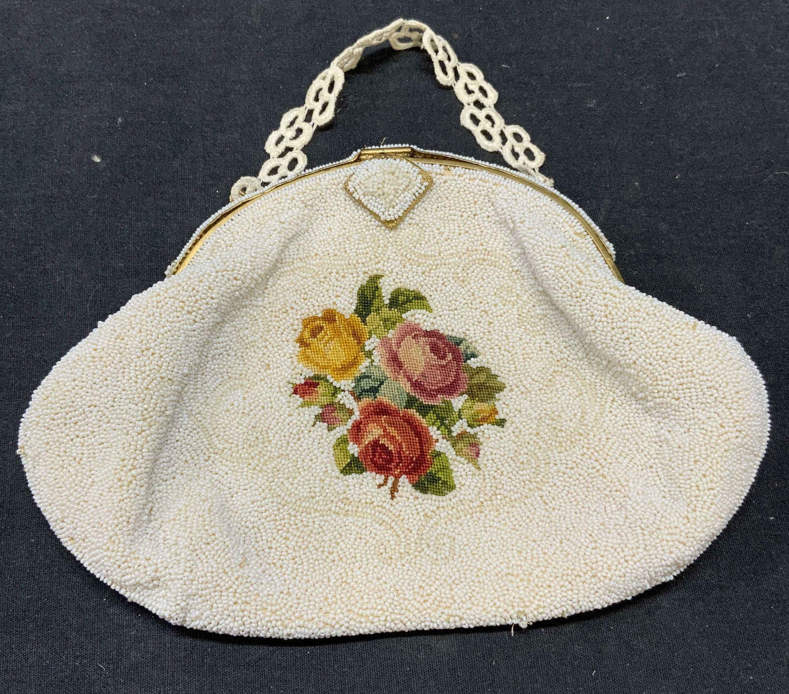 Vintage White Beaded Floral Handbag, France (1 of 8)