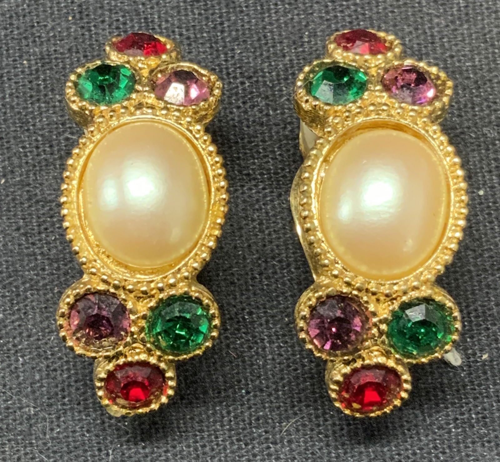 Gold Tn Crystal & Faux Pearl Clip On Earrings (1 of 6)