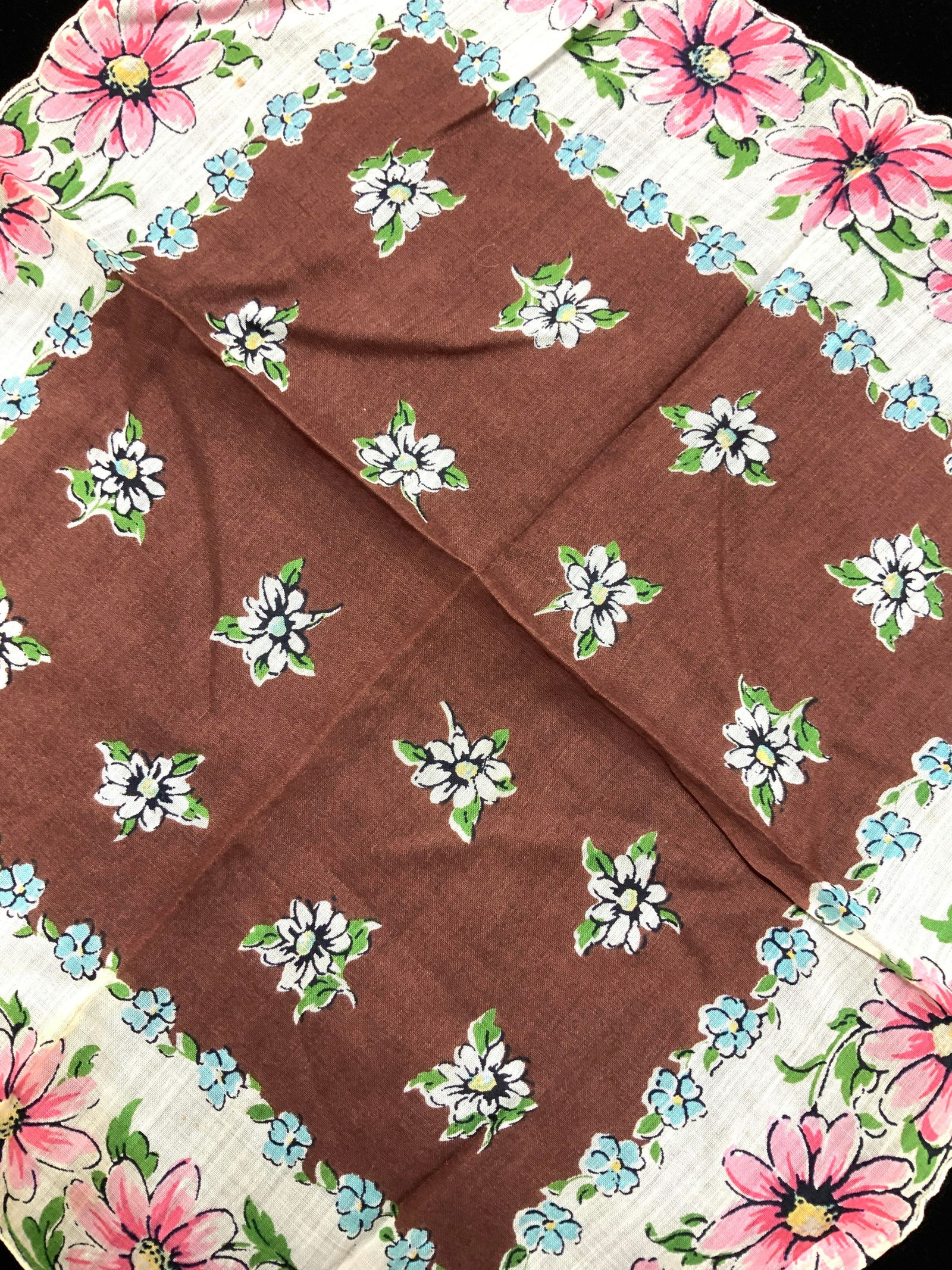Collectible Vtg Floral Cotton Linen Hankie: Beautiful cotton linen Hankie with 3 different florals, scalloped edges and contrasting colors of brown, light blue, white, pink and green. Hankie measures 13.25 in.x 13.5 in. Floral linen Hankie, dec