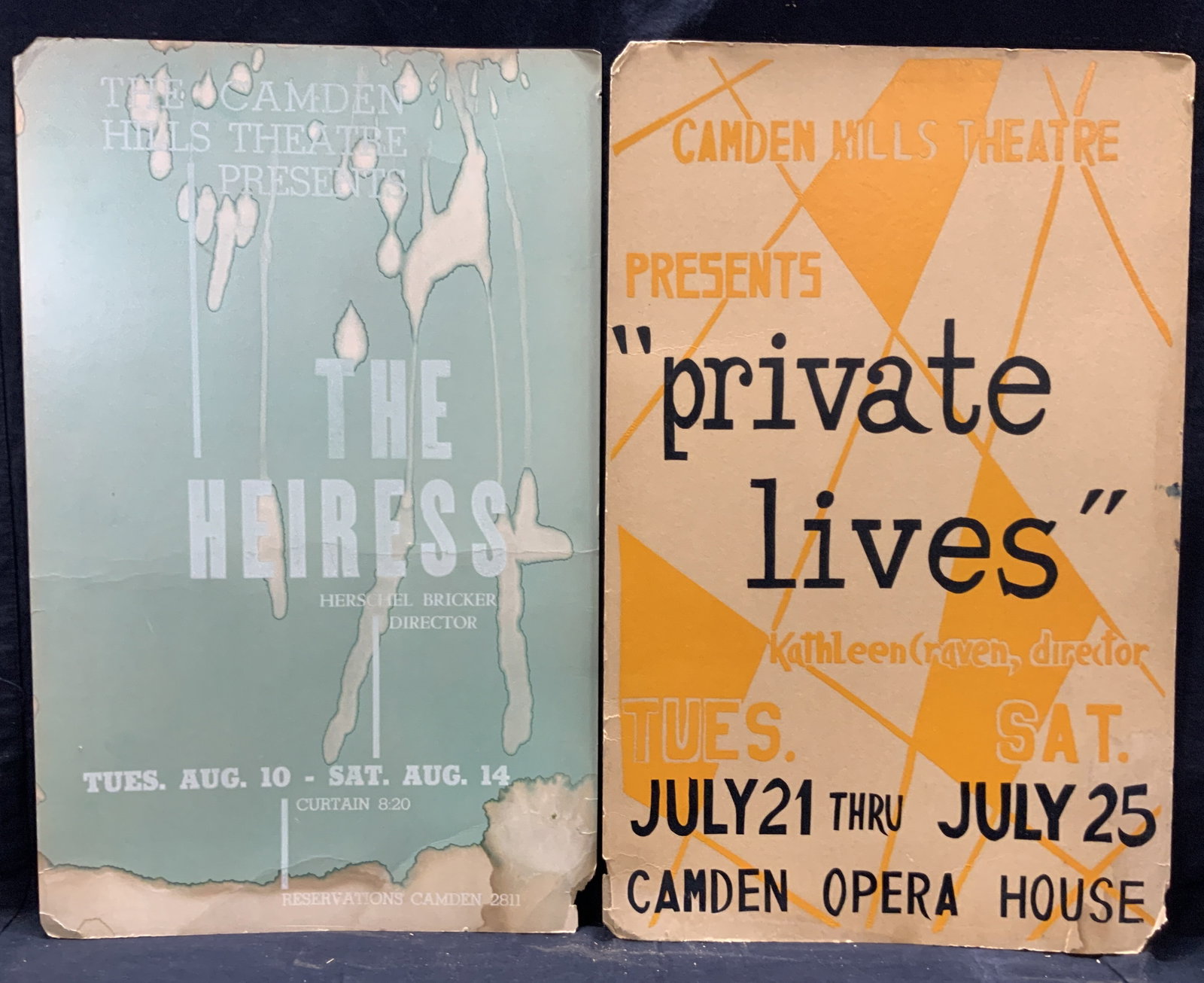 The Heiress & Private Lives Theater Show Signs: Set of 2 show signs from the Camden Hills Theater. 1 reads The Camden Hills Theater Presents The Heiress, teal toned, approximately 22 x 14 inches The other reads Private Lives, Camden Opera House in 
