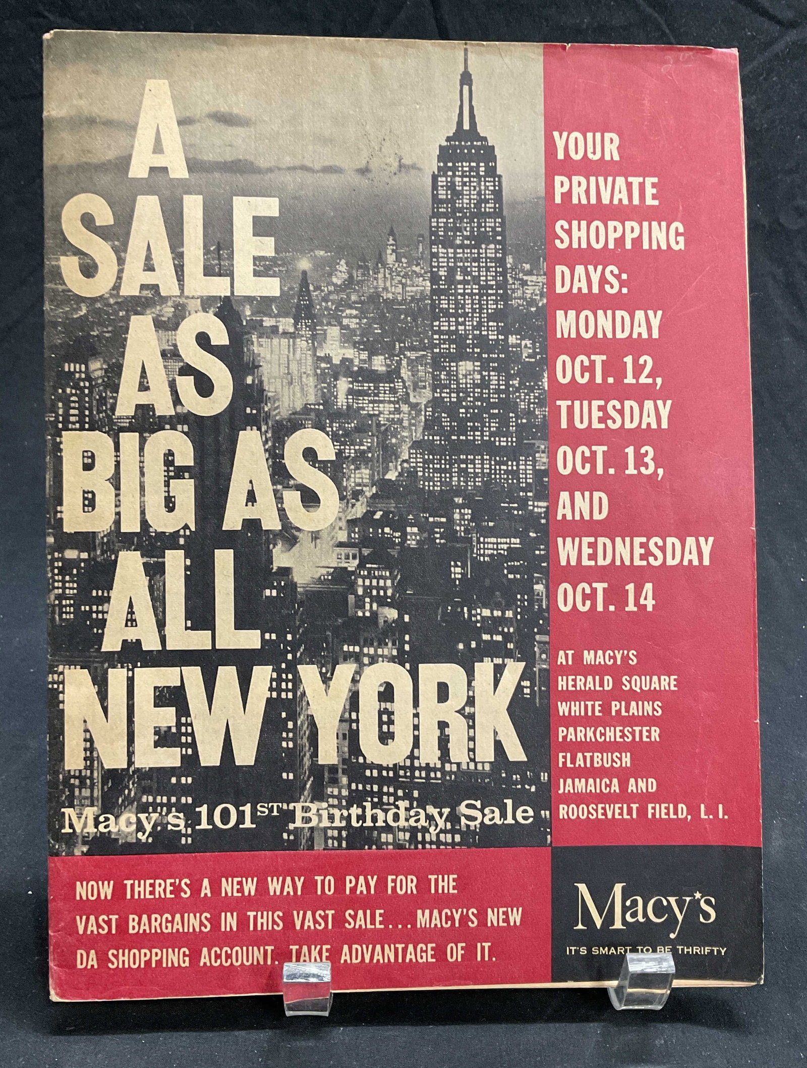 A SALE AS BIG AS ALL NEW YORK Macy's Catalogue: Title of the vintage paperback catalog is A SALE AS BIG AS ALL NEW YORK Macy's 101st Birthday Sale. Illustrations and descriptions of items in on sale at Macy's. Measures approx 10L x 7.5W in. Some su