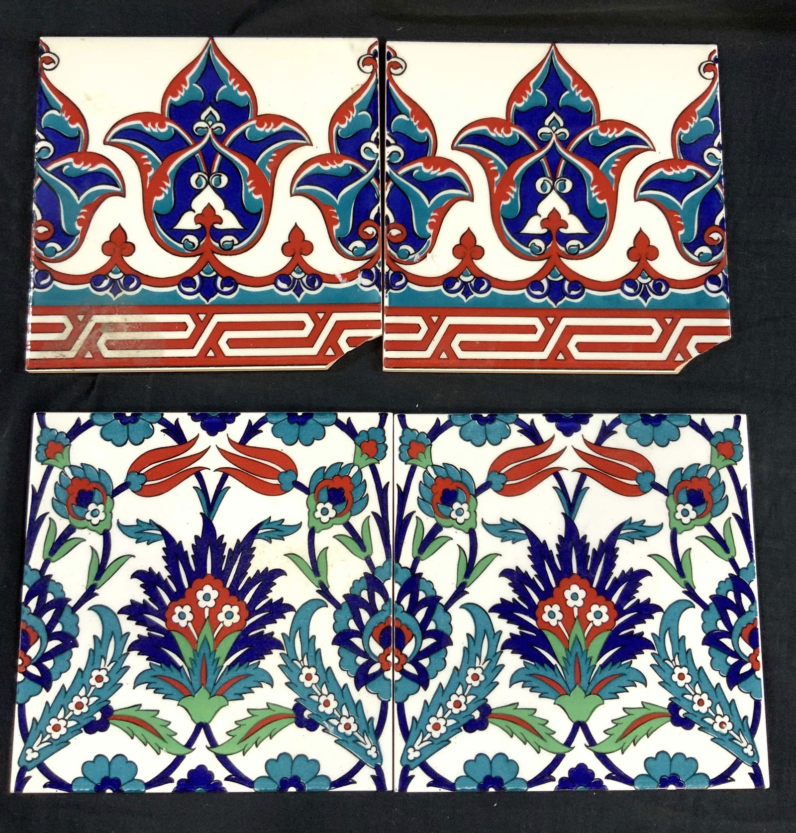 Lot 4 Graphic Ceramic Tiles, Turkey: Lot of 4 total ceramic tiles, 2 pairs of graphic floral ceramic tiles, marked made in Turkey on backsides. Approximately 8 x 8 inches. Evident loss to corners of one pair of tiles. Ceramic tiles, wall