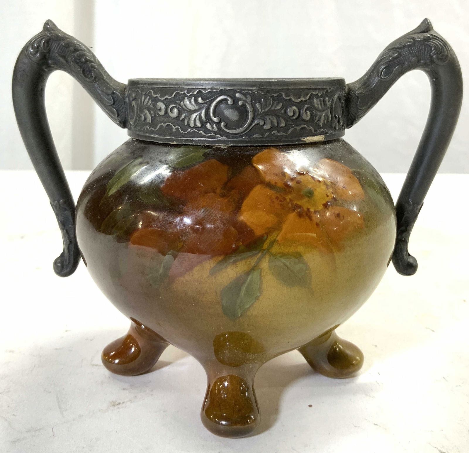 JB OWENS Footed Ceramic Vessel W Metal Handles (1 of 7)